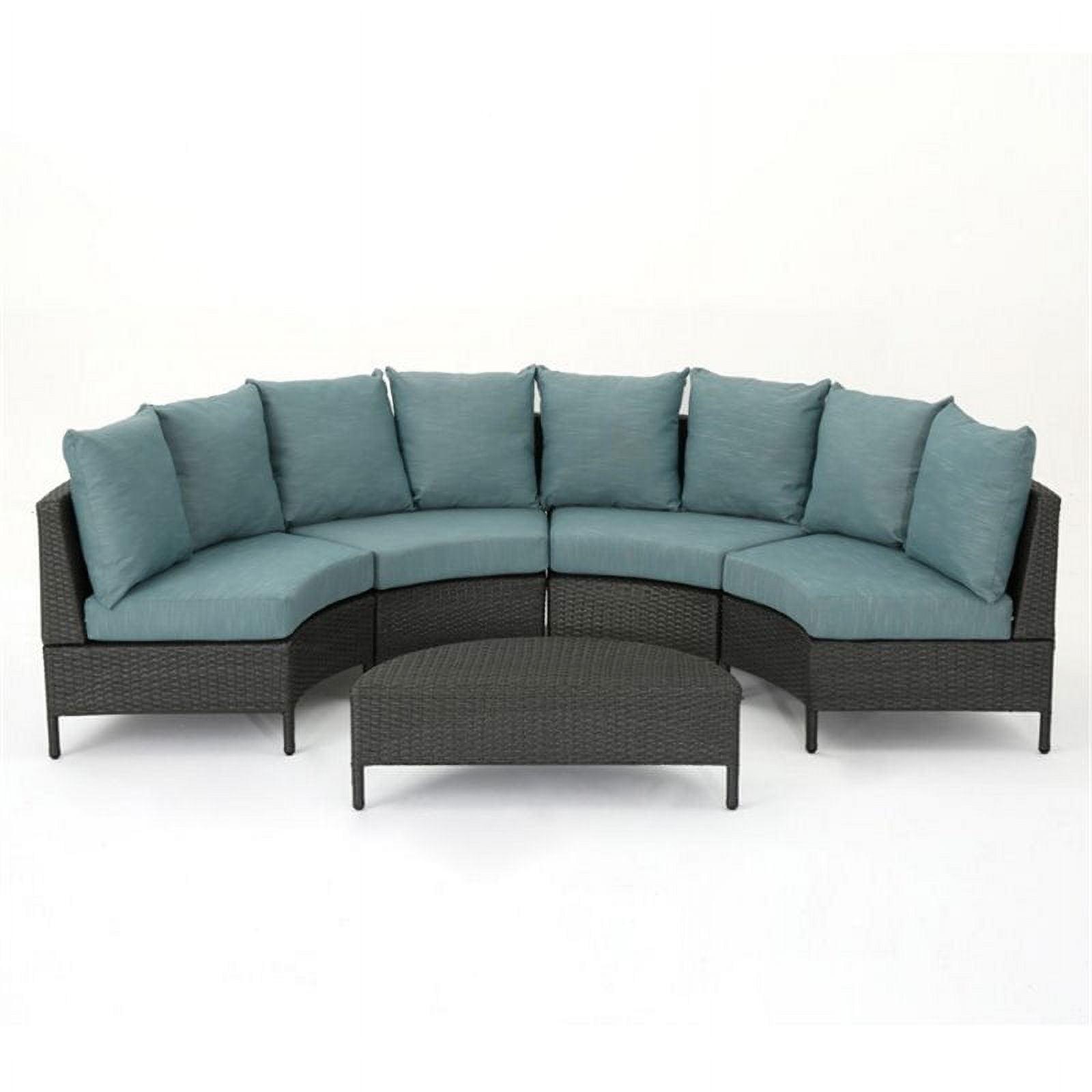 Noble House Newton 5 Piece Outdoor Wicker Sectional Sofa Set in Gray and Teal