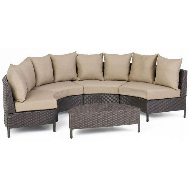 Noble House Newton 8 Seater Round Wicker Sectional Sofa Set Dark Brown/Beige