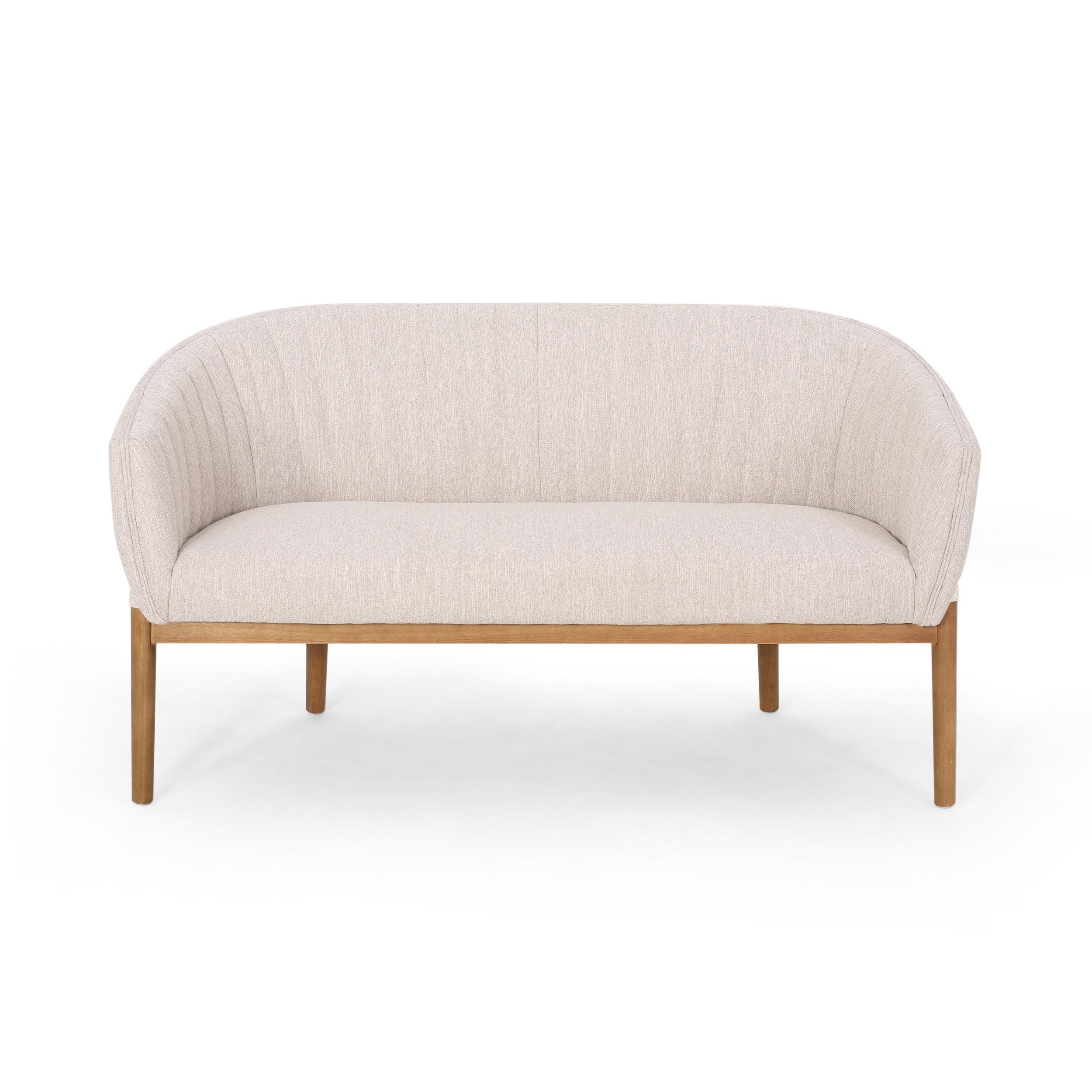 Mid-Century Beige Fabric Loveseat with Channel Stitching and Wood Frame