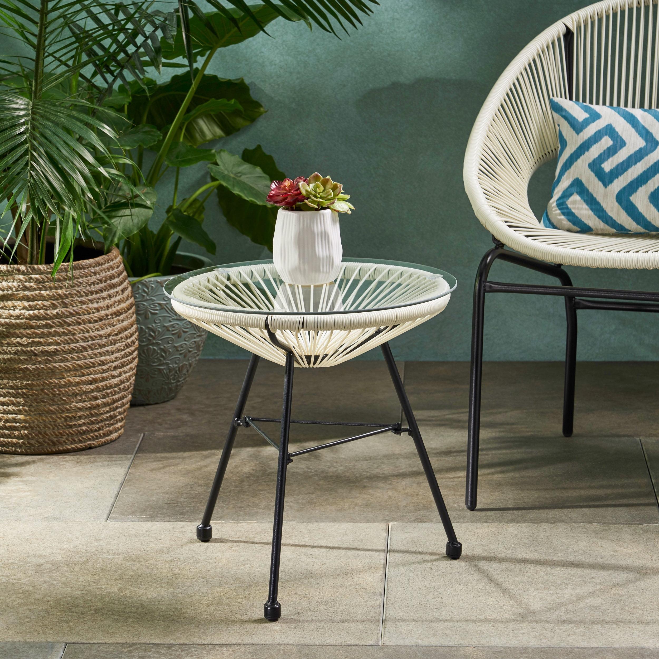 Modern White Iron and Glass Round Outdoor Side Table