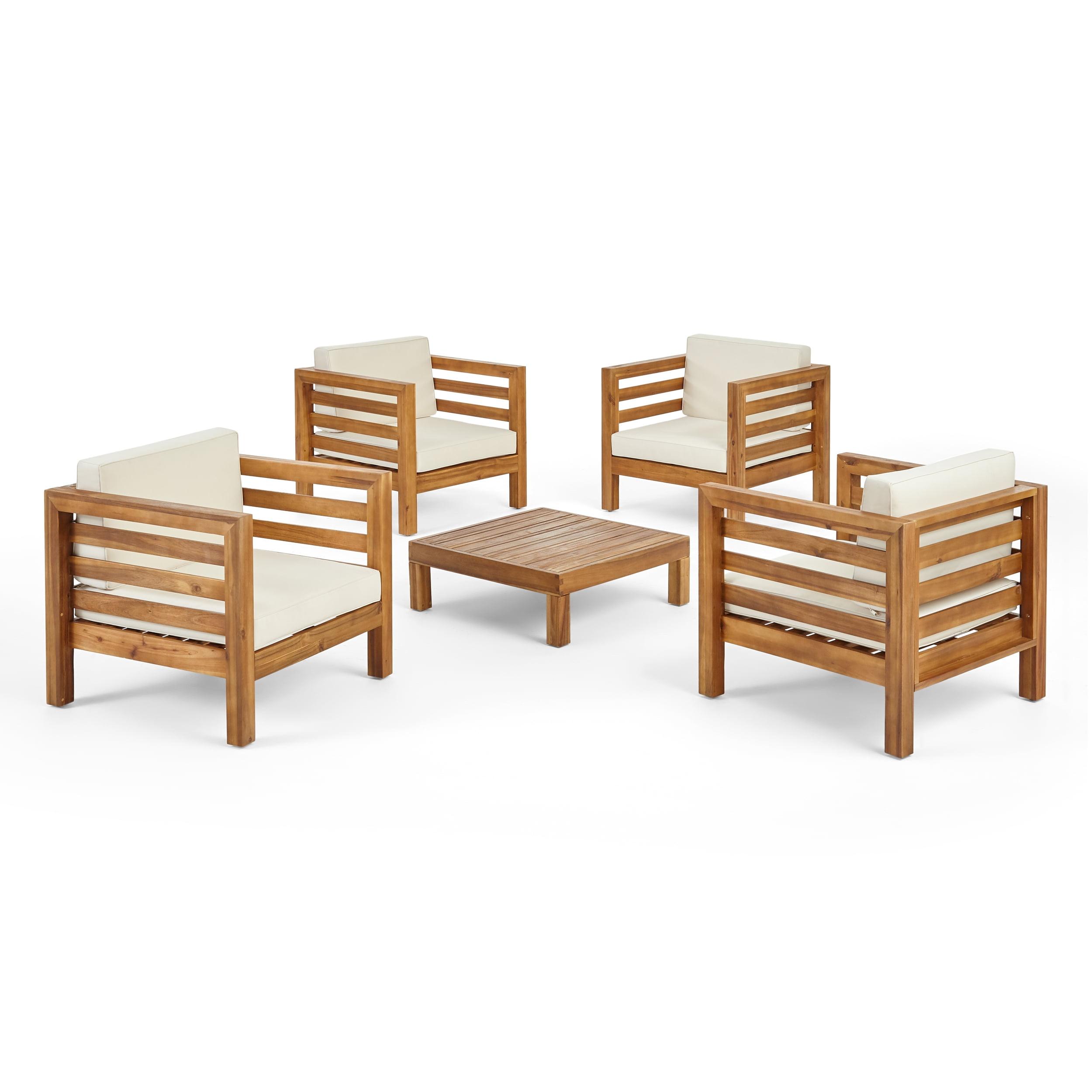 Teak Brown 4-Piece Outdoor Armchair and Coffee Table Set with Beige Cushions