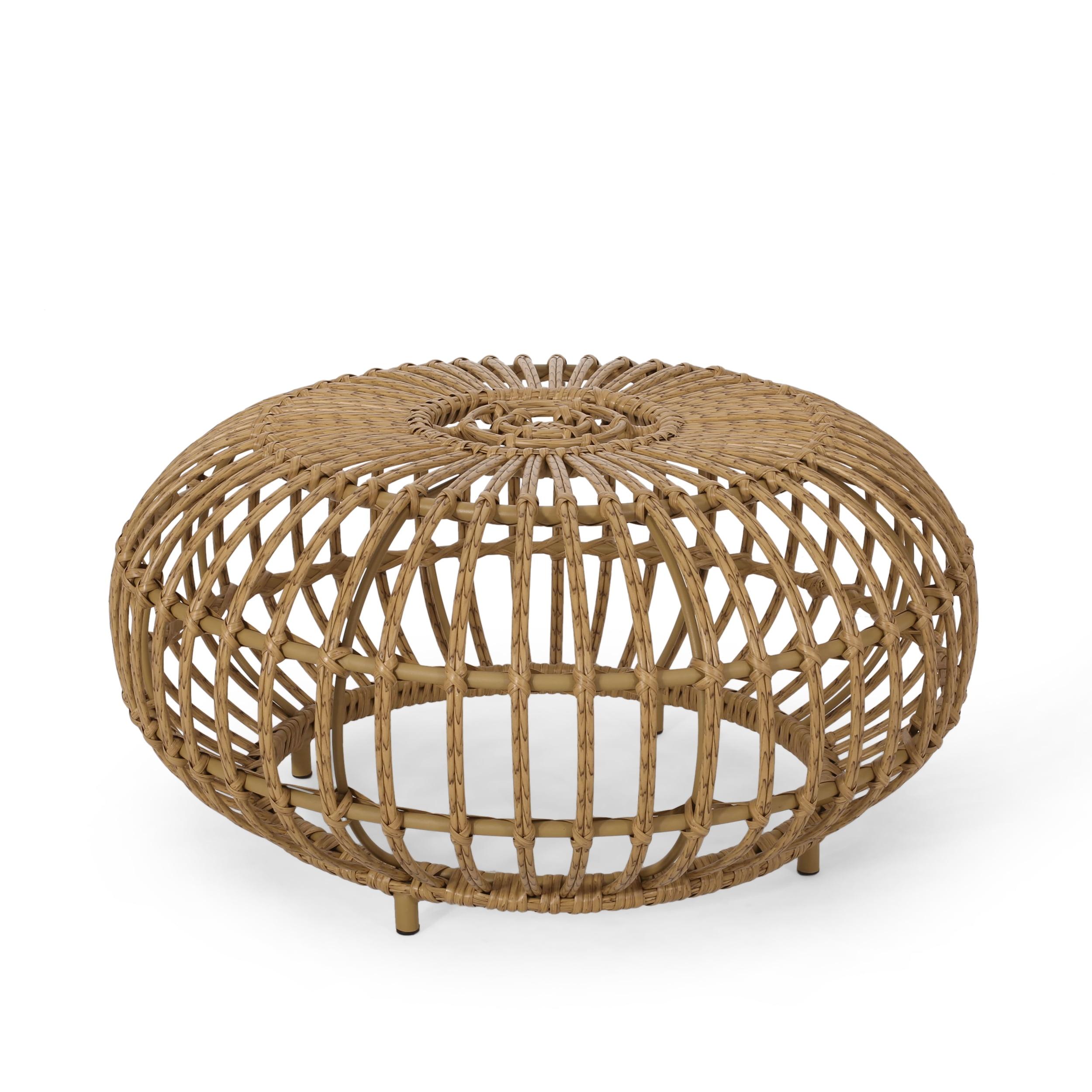 Light Brown Round Faux Rattan Outdoor Coffee Table