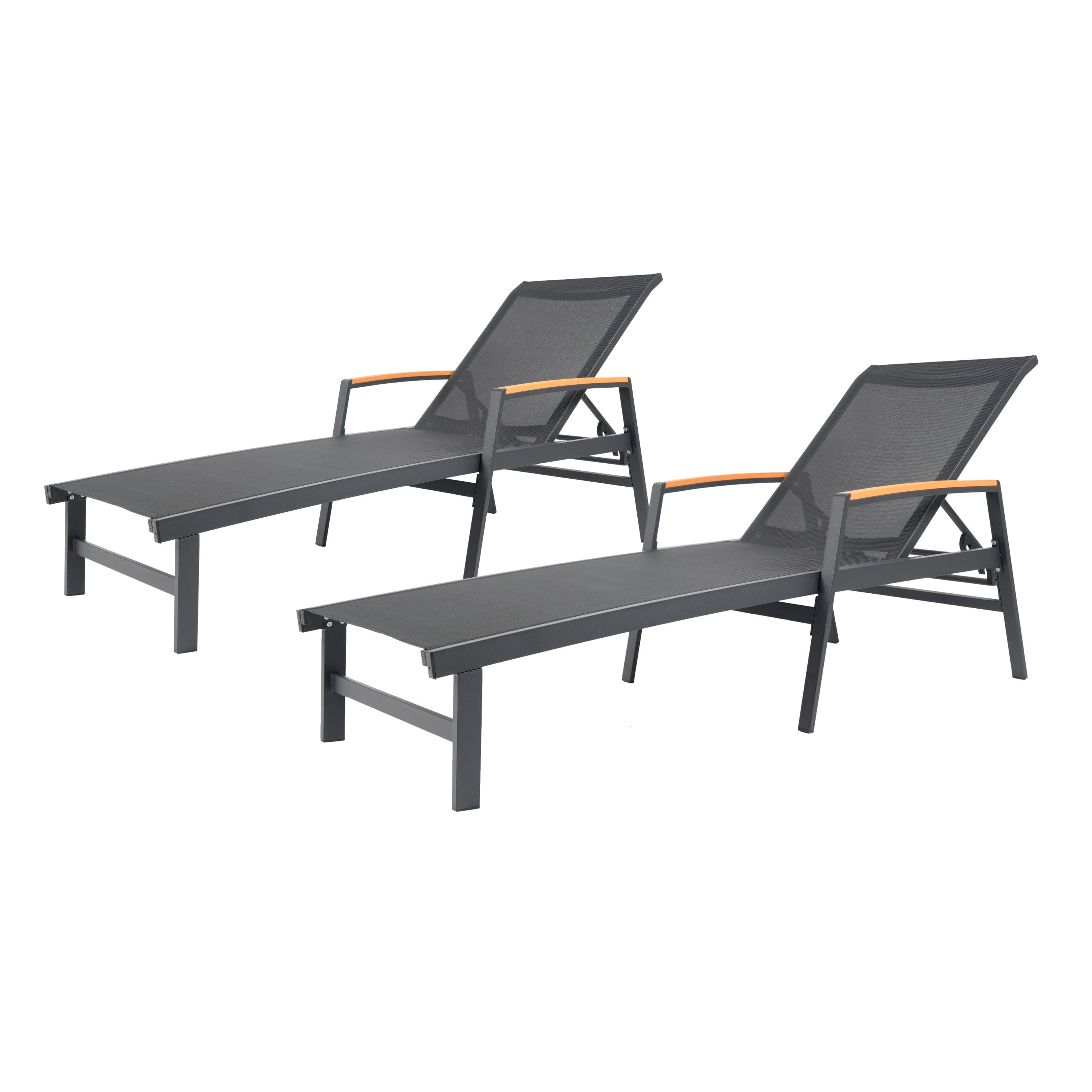 Black Aluminum Outdoor Chaise Lounges with Mesh Seating, Set of 2