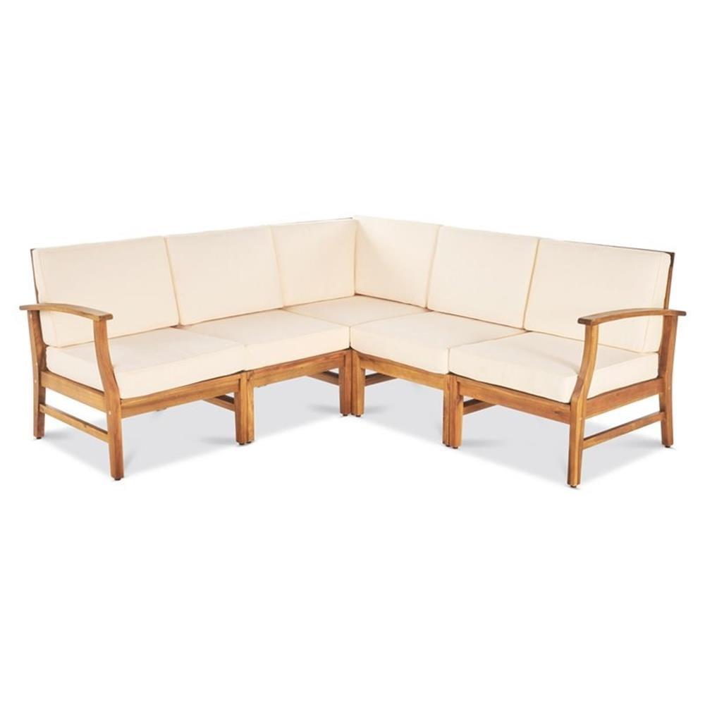 Teak Finish 5-Piece Wood Outdoor Sectional Sofa with Cream Cushions