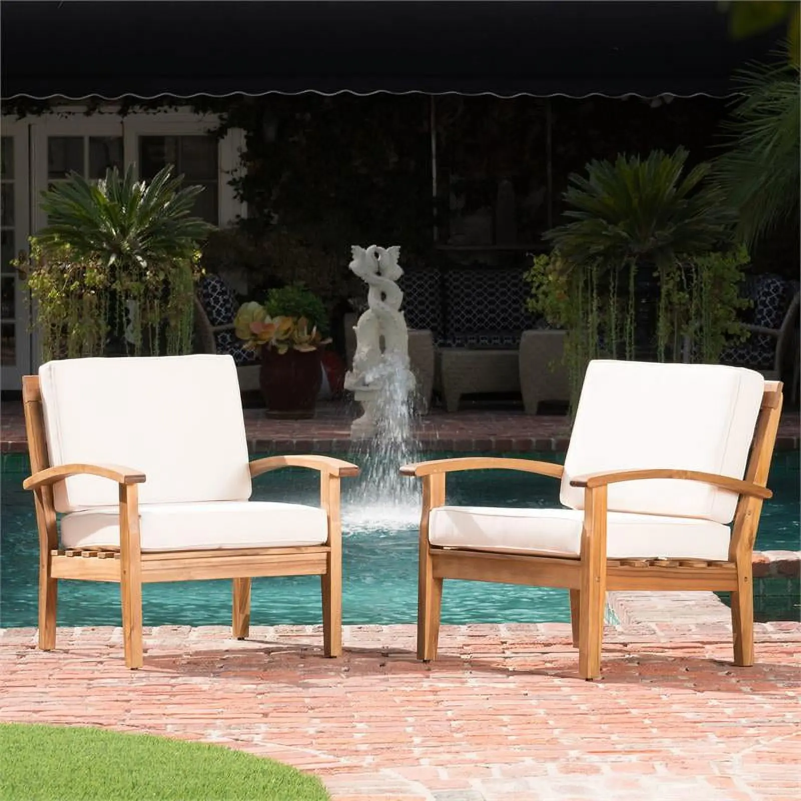 Teak Wood Coastal Lounge Chairs with Beige Water-Resistant Cushions (Set of 2)