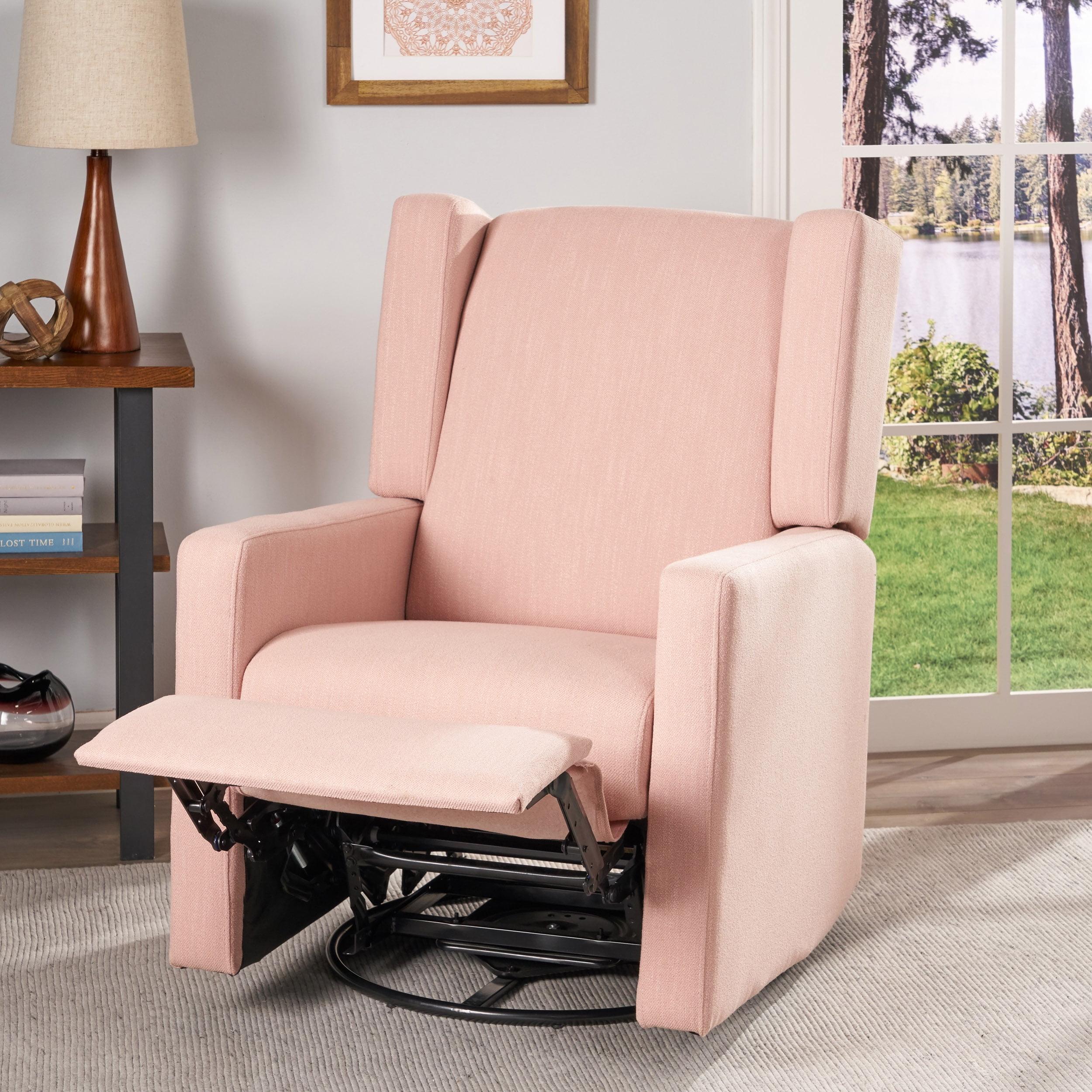Blush and Black Fabric Swivel Recliner with Metal Frame