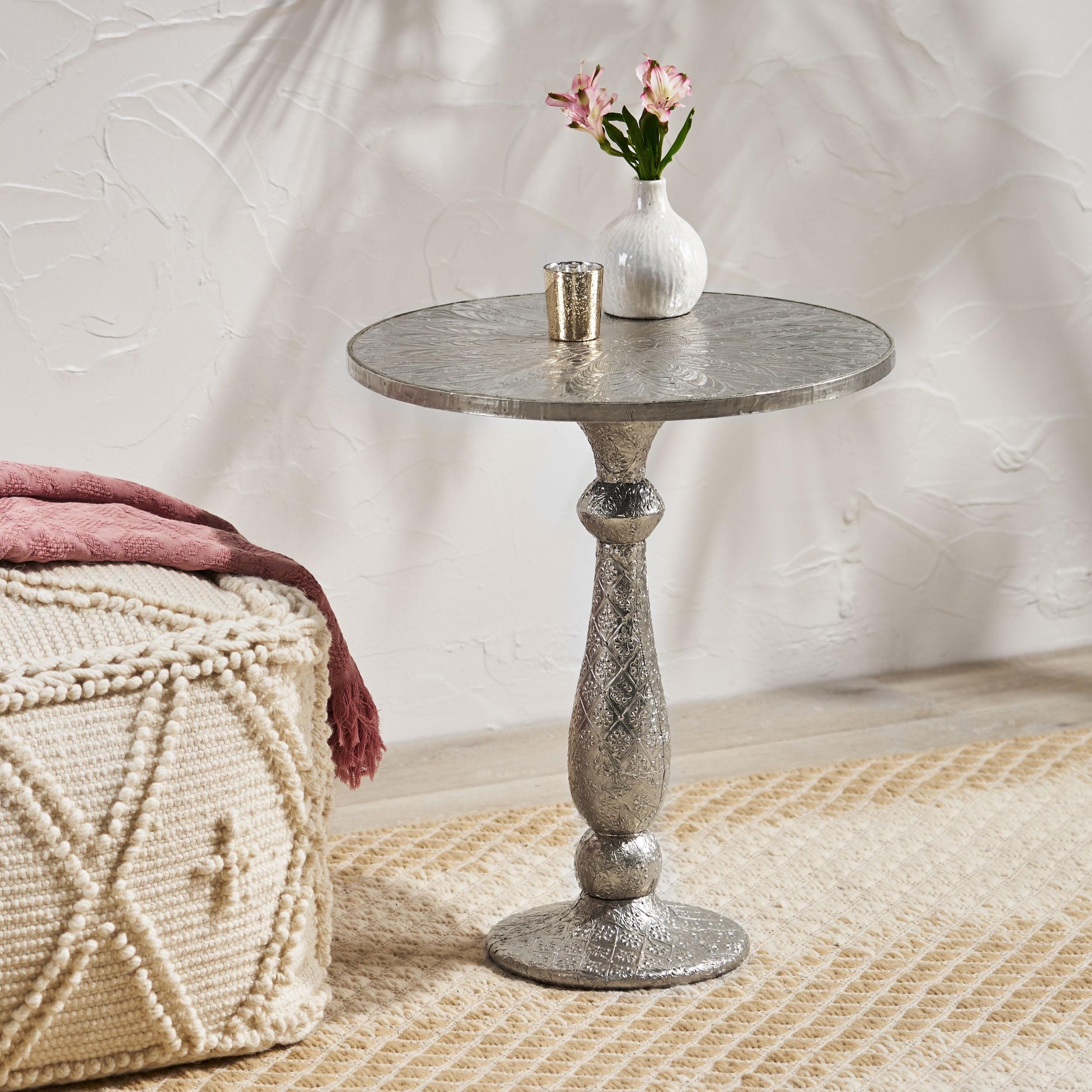 Silver Round Metal End Table with Floral Engravings