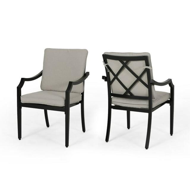 Noble House San Diego Patio Dining Arm Chair in Black and Beige (Set of 2)