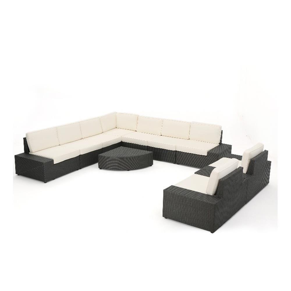 Gray Iron 9-Seater Outdoor Sectional Sofa Set with White Cushions