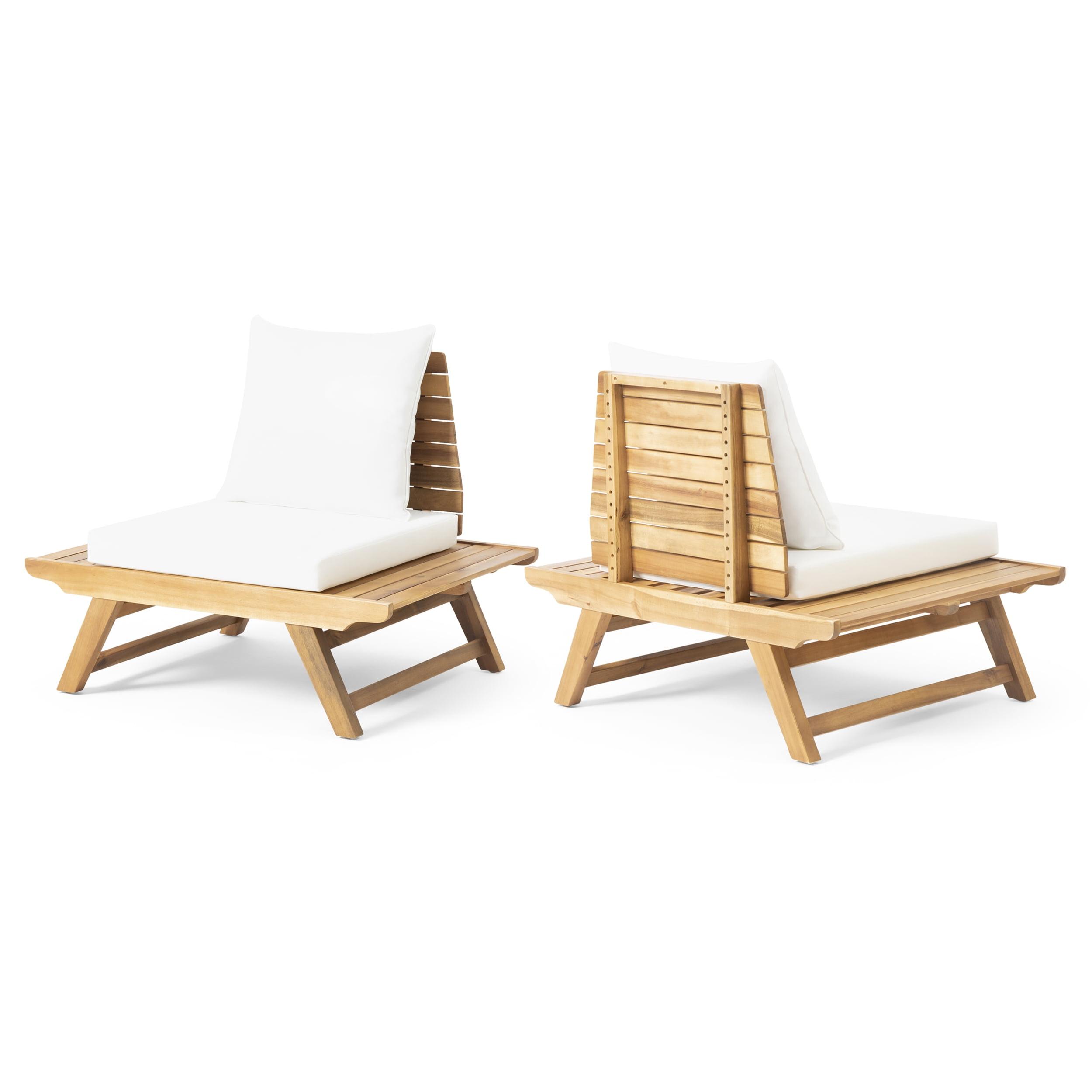 Teak Brown Outdoor Lounge Chairs with White Cushions, Set of 2