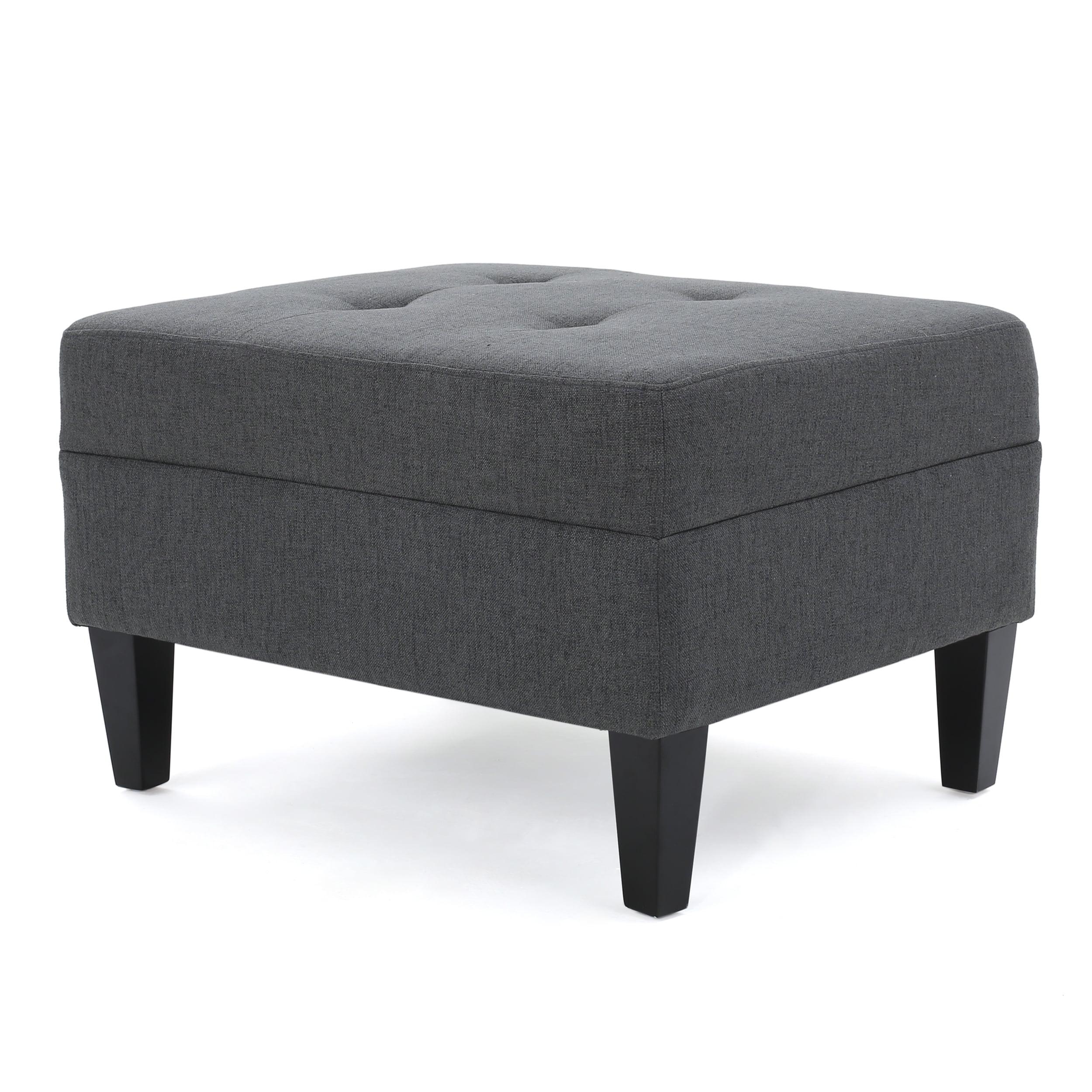 Sofija Dark Grey Tufted Fabric Ottoman with Birch Wood Legs