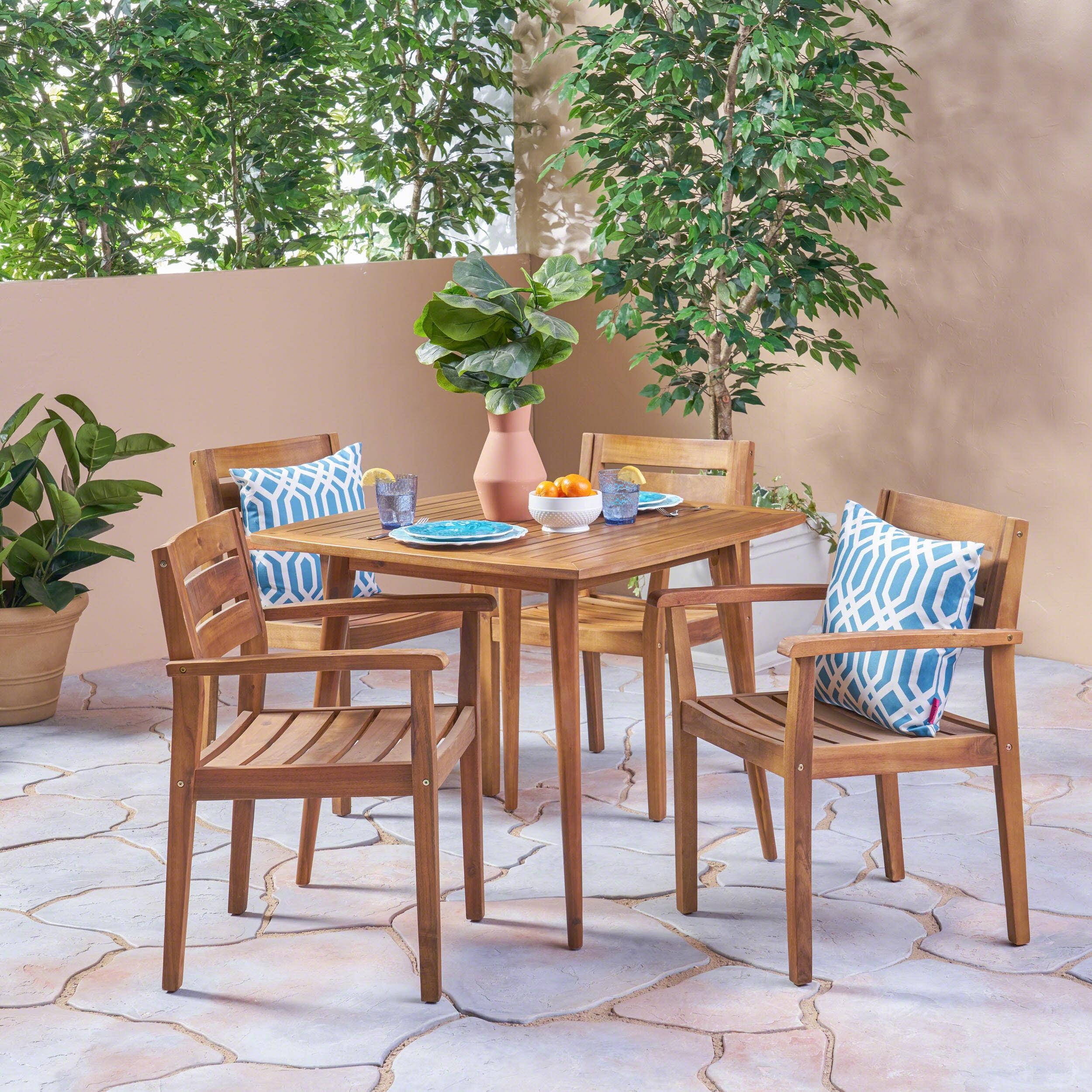 Teak Brown Acacia Wood 5-Piece Outdoor Dining Set for 4