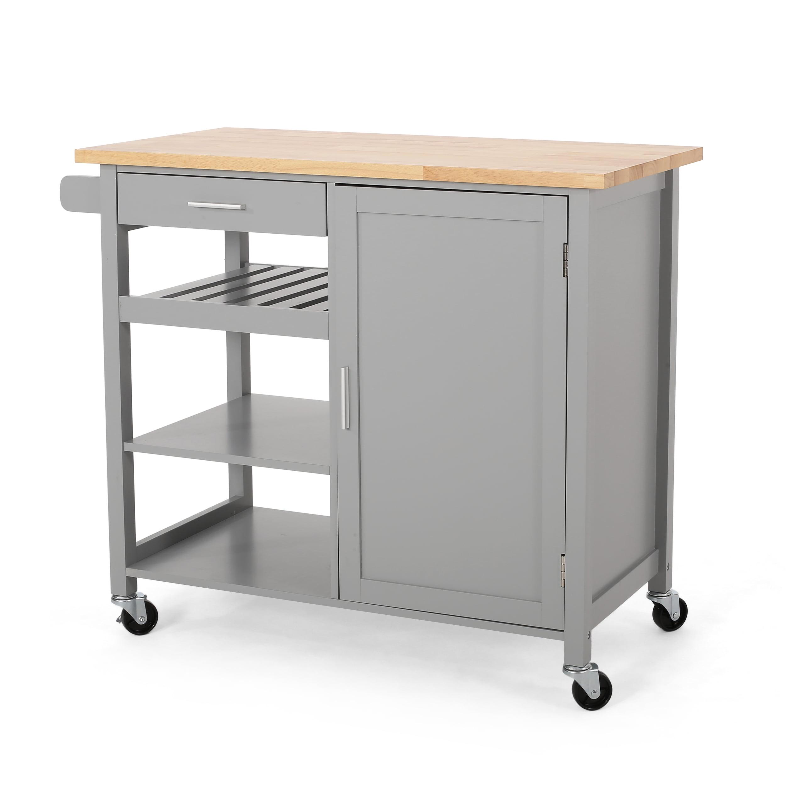 Contemporary Grey Wood Kitchen Cart with Storage and Casters