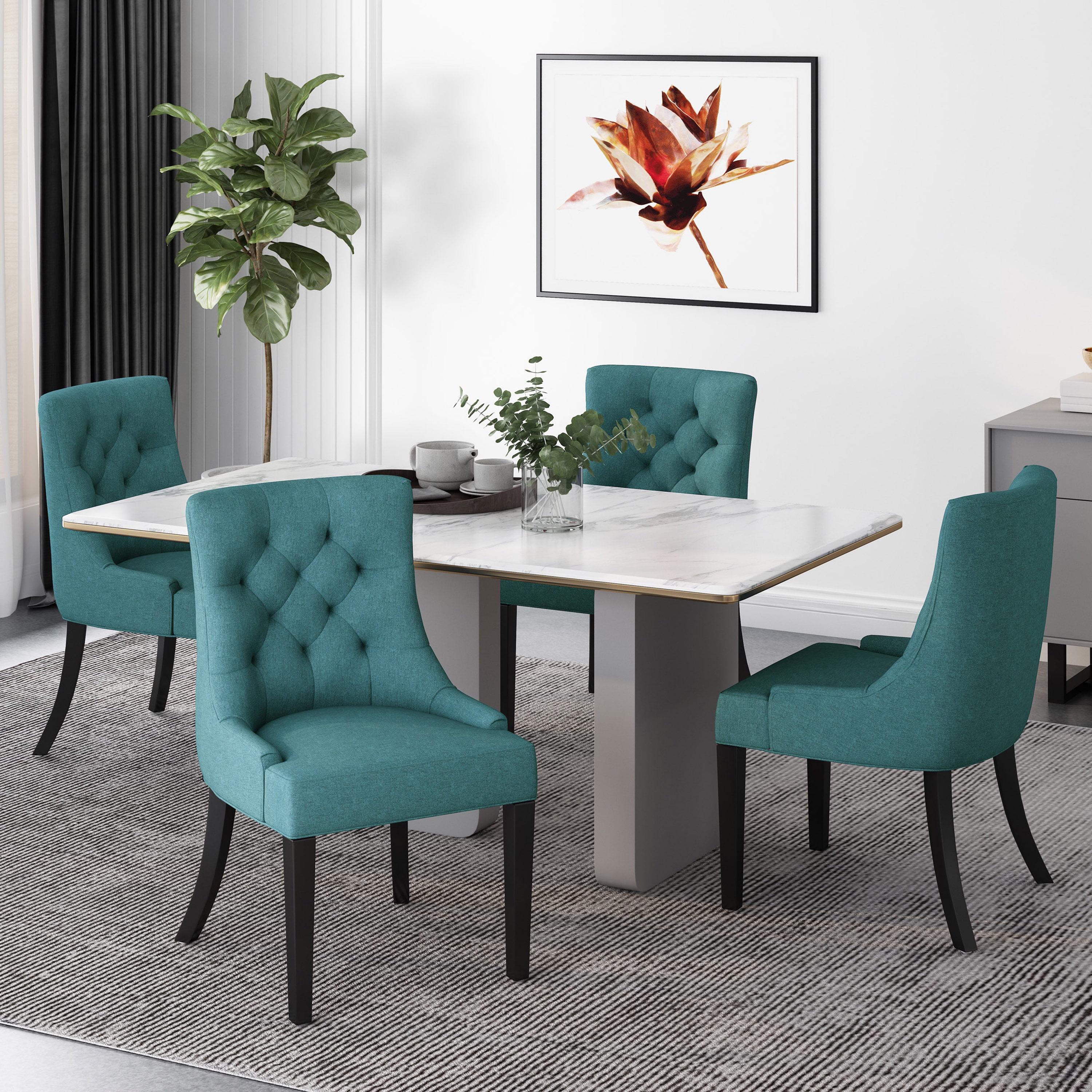 Noble House Tyler Indoor Fabric Dining Chairs, Set of 4, Dark Teal, Espresso