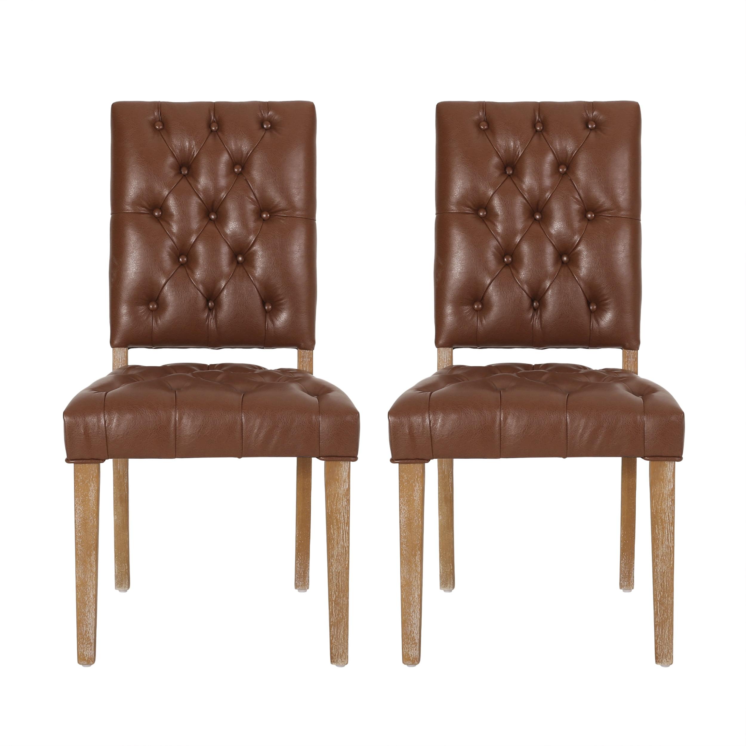 Cognac Brown Upholstered Faux Leather Side Chair with Weathered Wood Legs