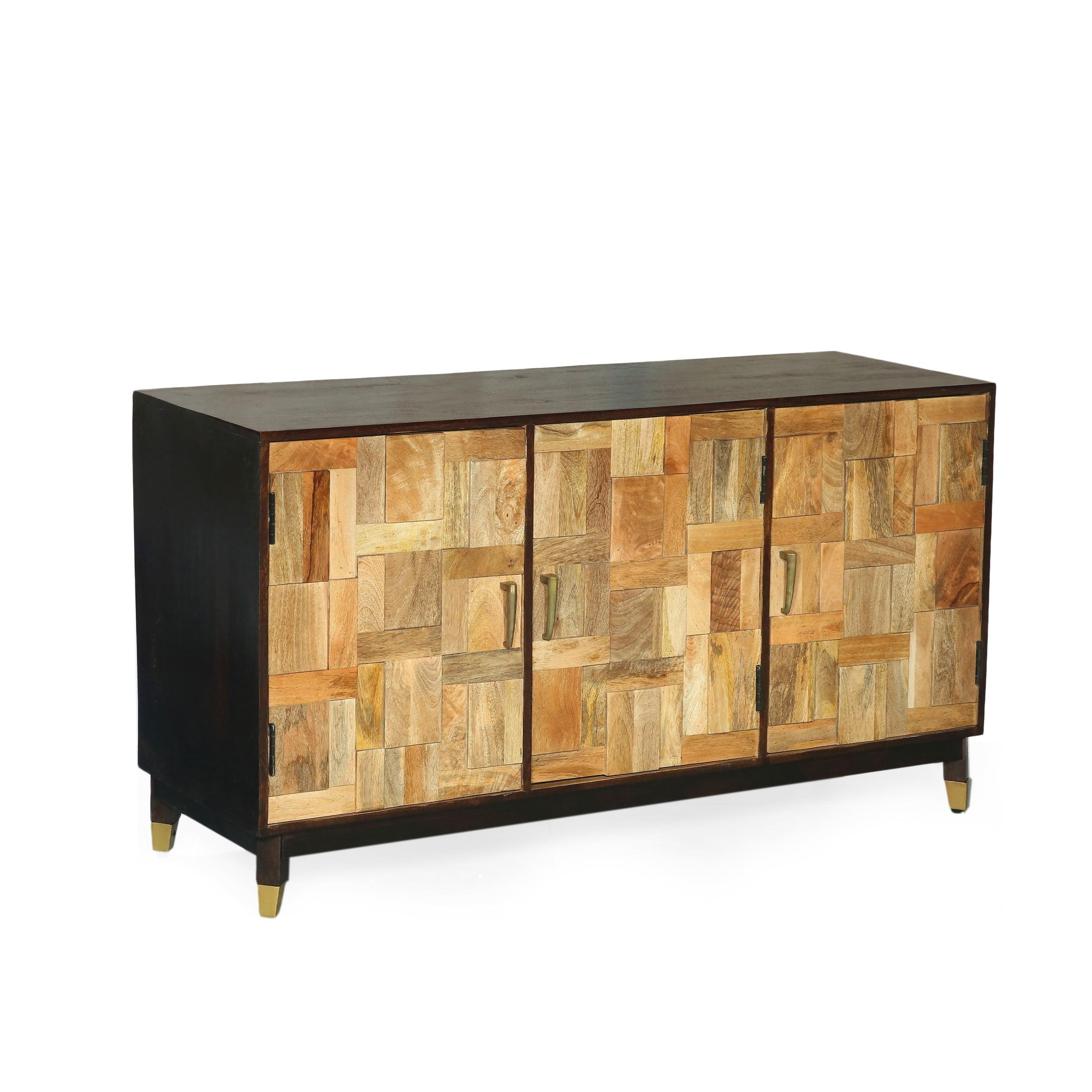 Walnut & Natural Boho Handmade Sideboard with Brass Accents