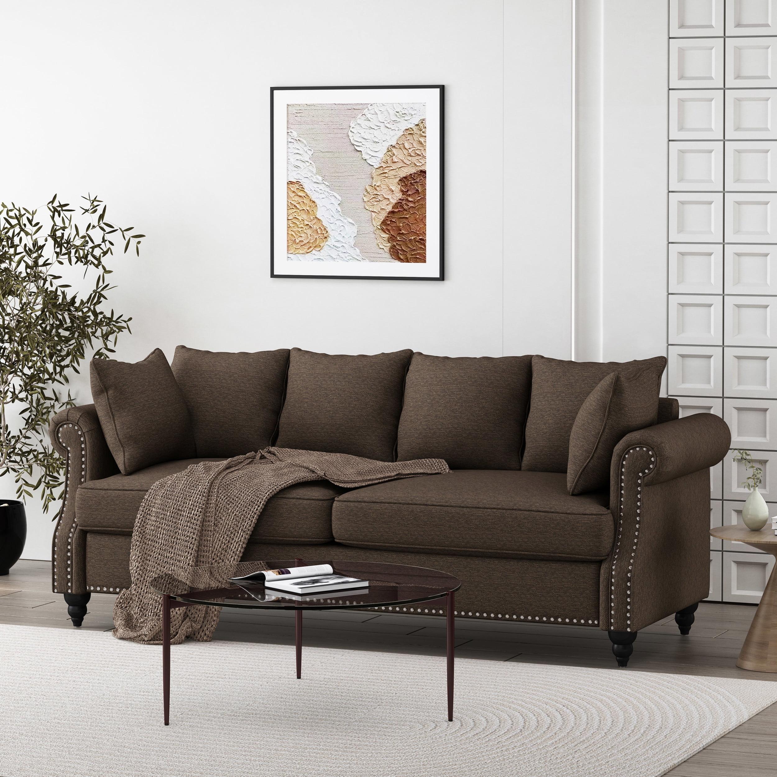 Noble House Viewland Fabric Pillowback 3 Seater Sofa with Nailhead Trim, Brown and Dark Brown