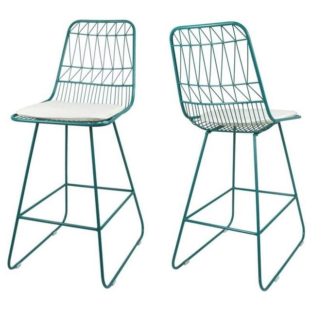 Noble House Walcott 26" Geometric Metal Counter Stools in Blue/Ivory (Set of 2)