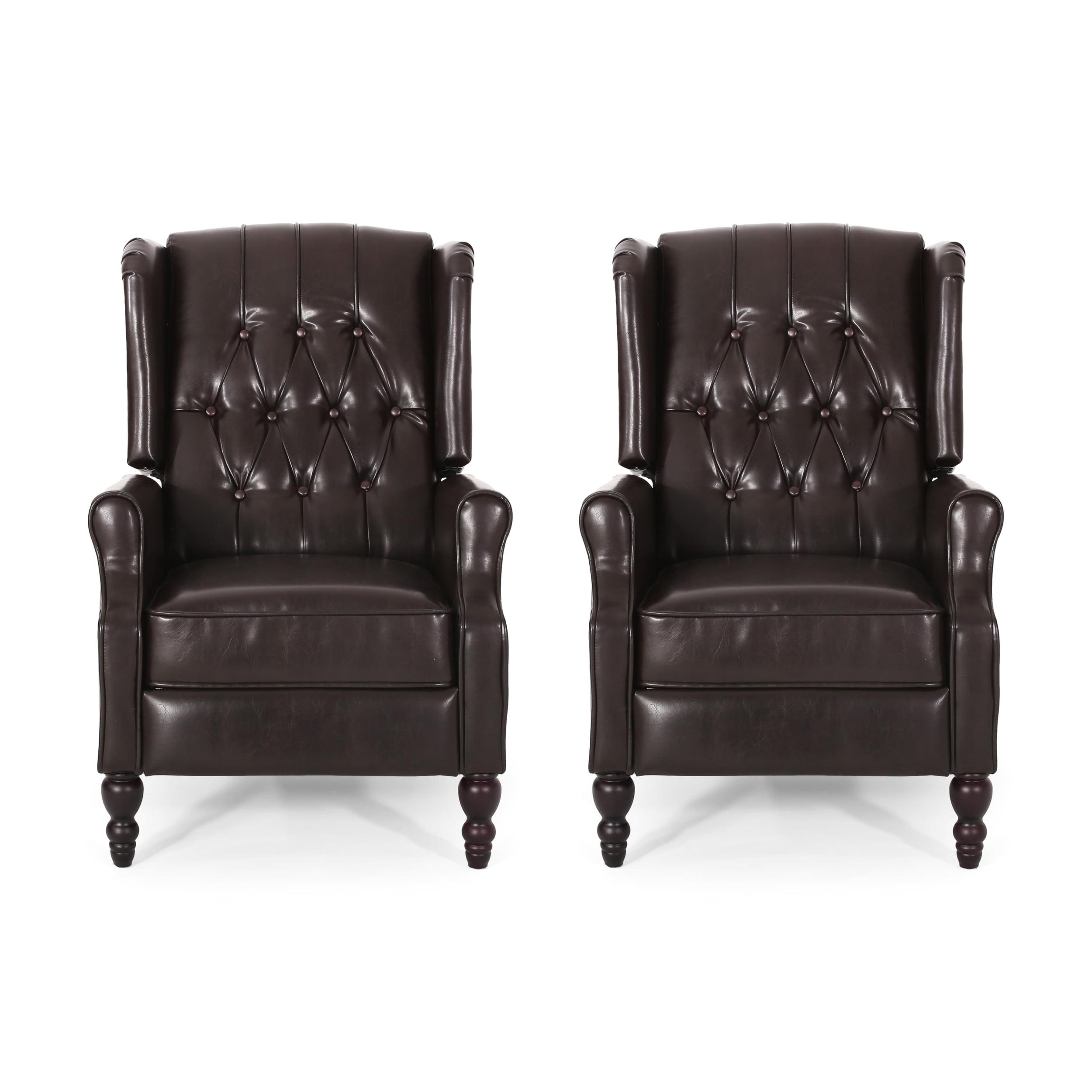 Handcrafted Brown Faux Leather Wing Chair Recliner, Set of 2