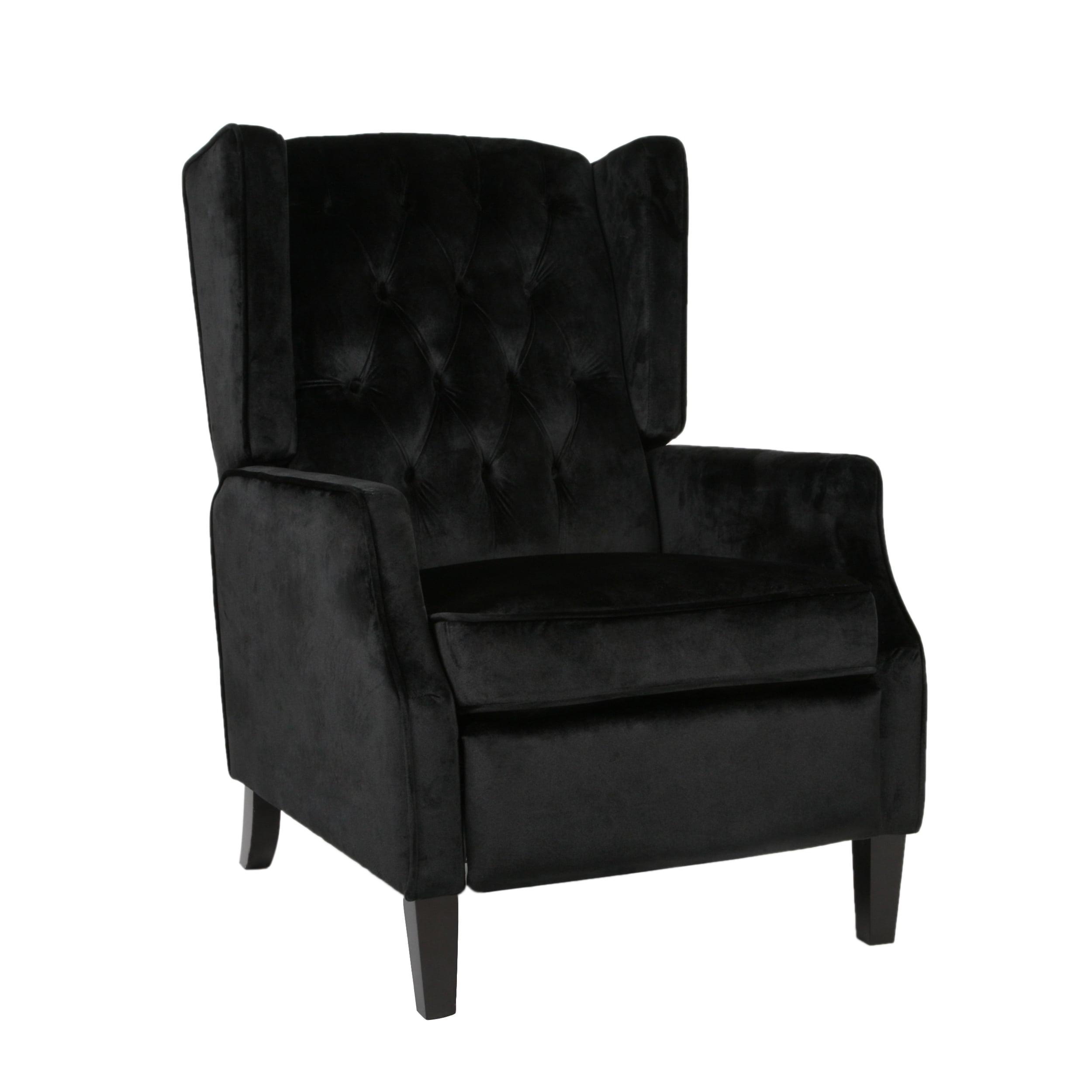 Handcrafted Black Velvet Wingback Recliner with Wood Legs