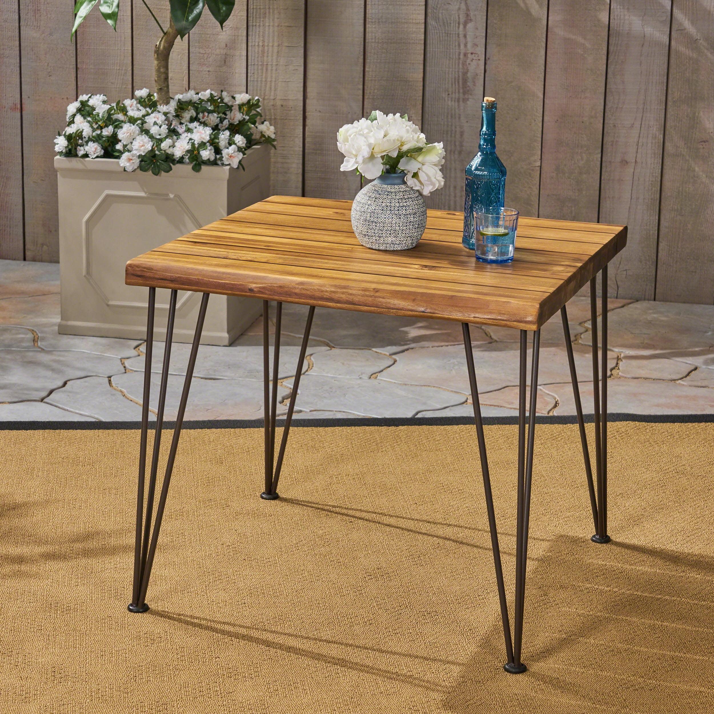 Teak and Iron Square Outdoor Dining Table with Hairpin Legs