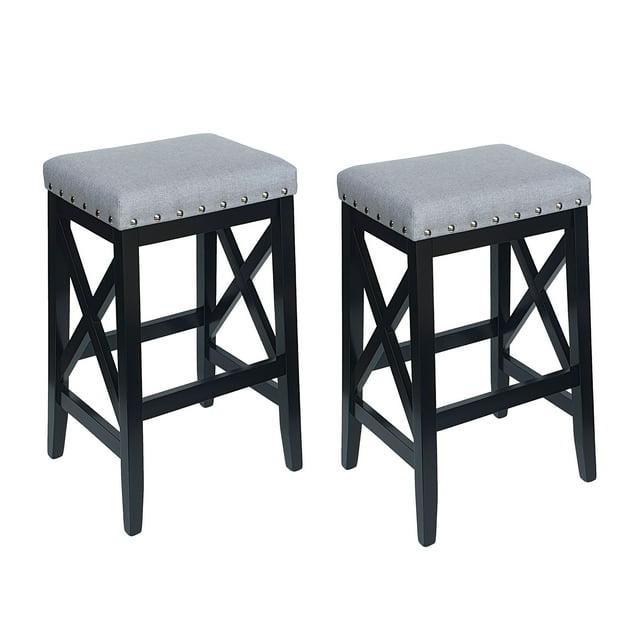 Noble House Zoey Contemporary Farmhouse Upholstered Fabric Barstools, Set of 2, Light Gray and Black