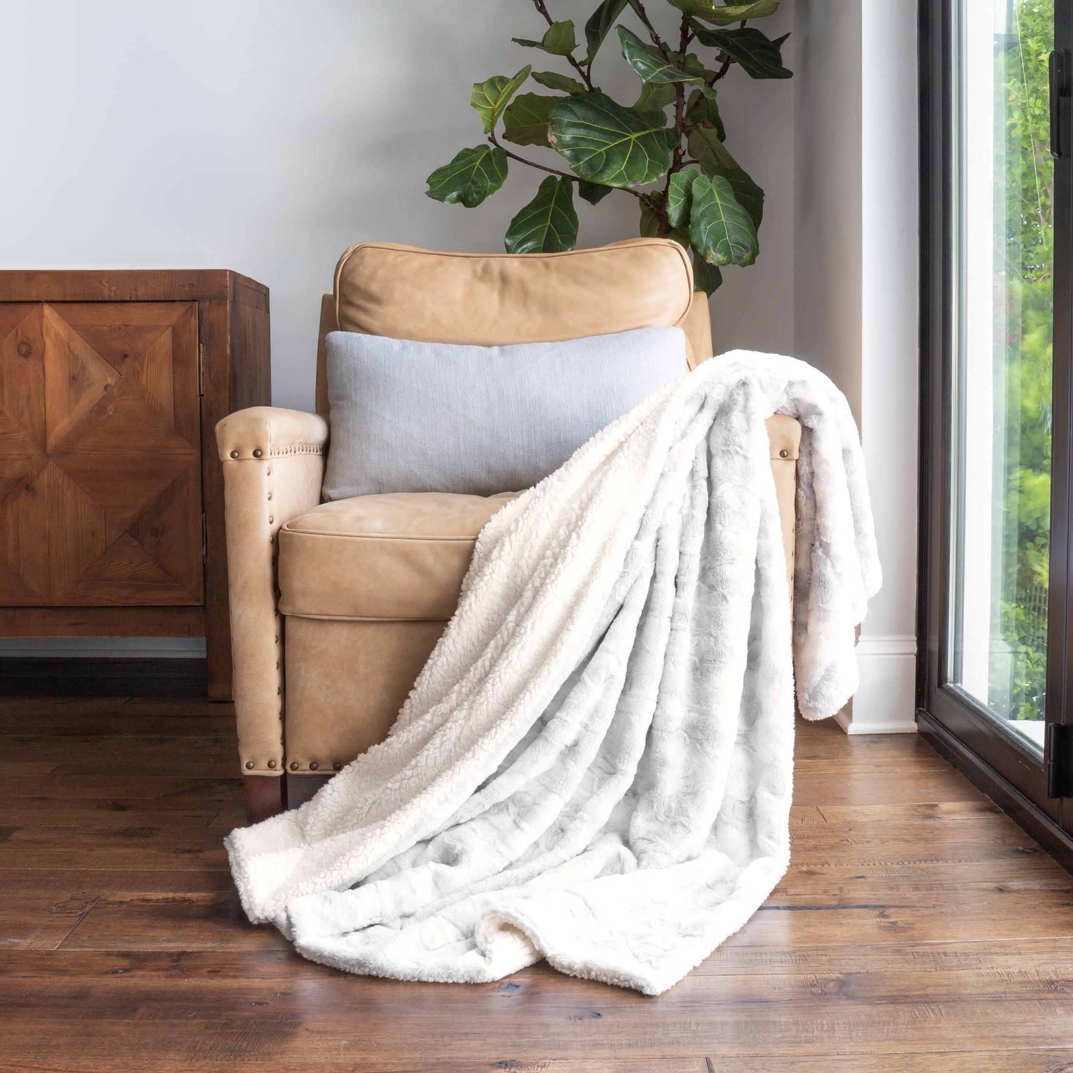 Light Gray Faux Fur and Sherpa Reversible Throw Blanket