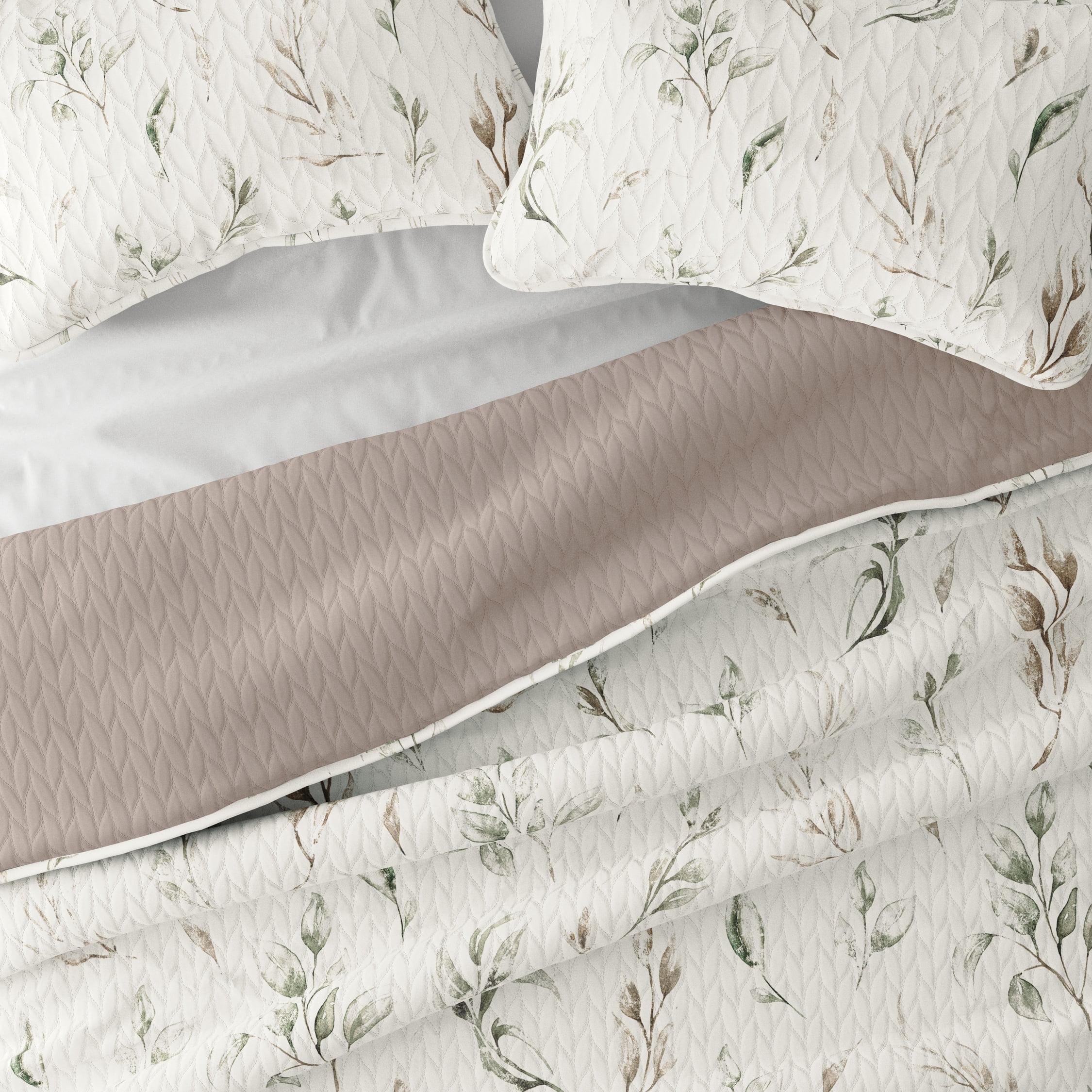 Latte Twin Down Alternative Reversible Microfiber Quilt Set with Watercolor Leaves