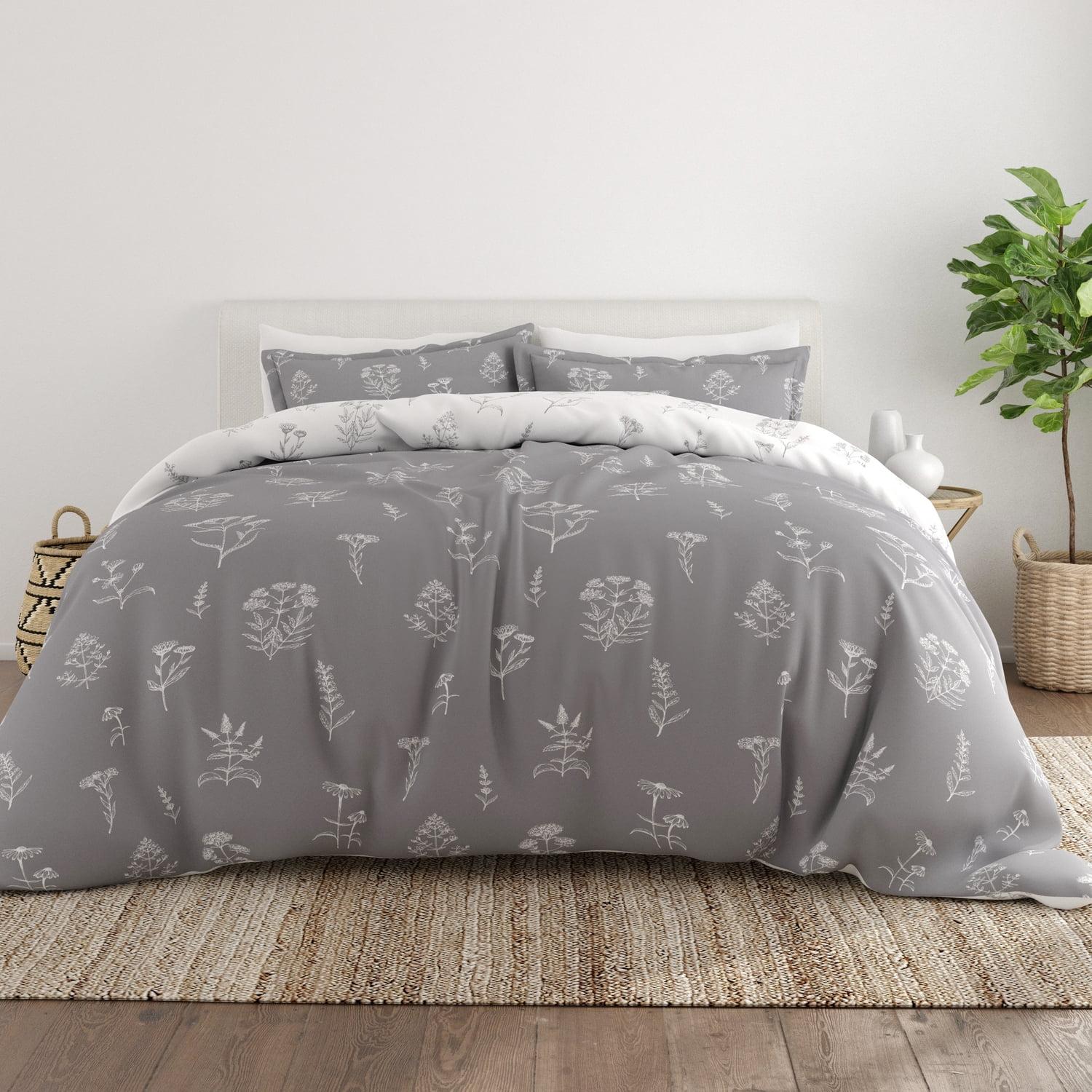 Light Gray Floral Print Twin/Twin XL Reversible Duvet Cover Set