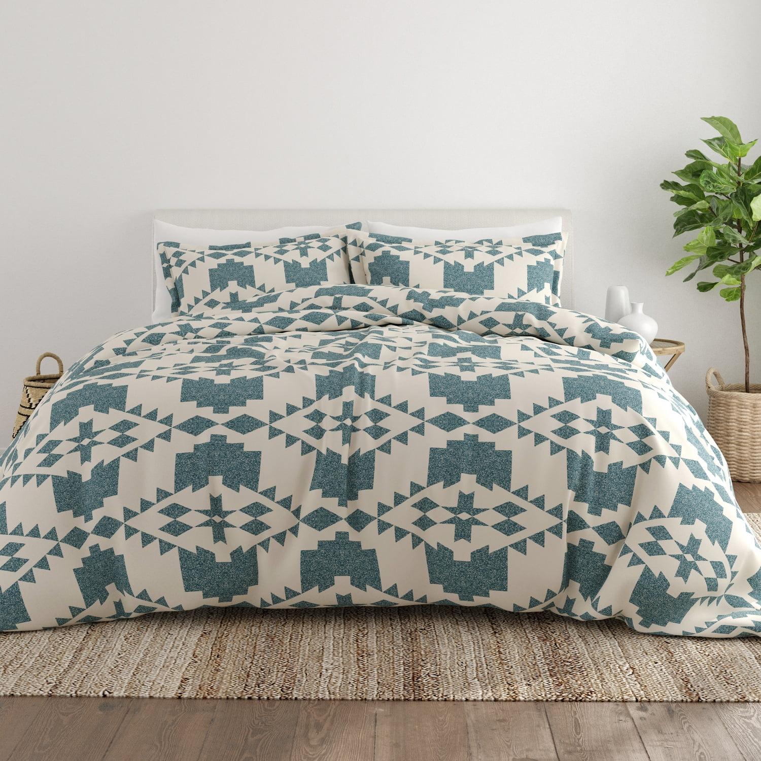 Teal and White Geometric Microfiber Twin Duvet Cover Set