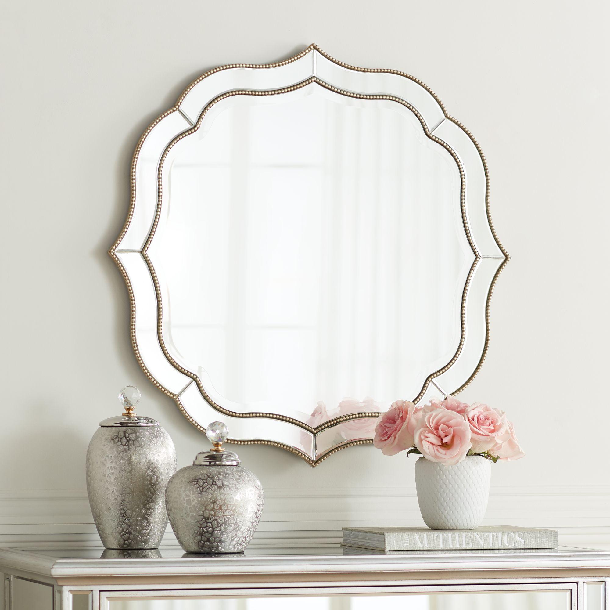 Noble Park Laureen Scalloped Round Vanity Wall Mirror Modern Beveled Glass Champagne Gold Beaded Frame 32" Wide for Bathroom Living Room Home Entryway