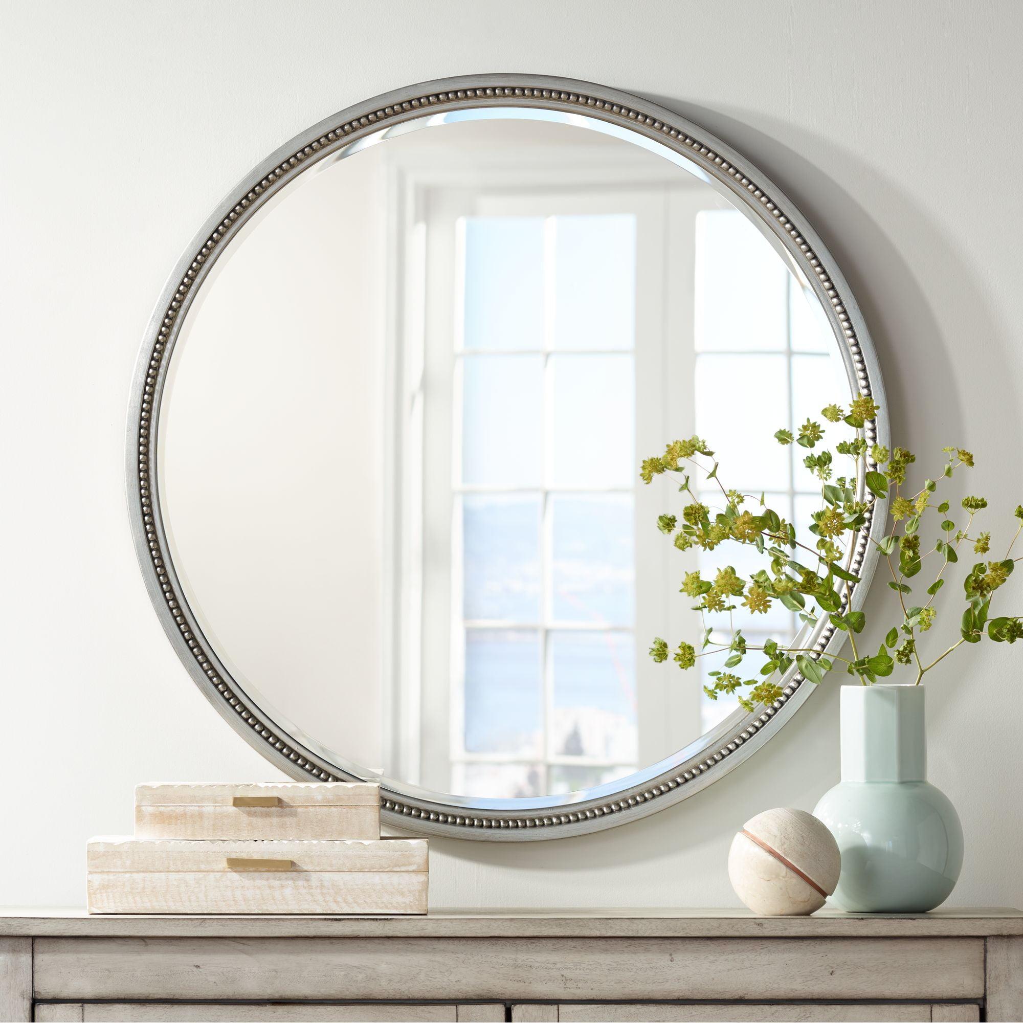 Noble Park Lorraine Round Vanity Decorative Wall Mirror Modern Beveled Beaded Trim Silver Wood Frame 32 3/4" Wide for Bathroom Bedroom Living Room