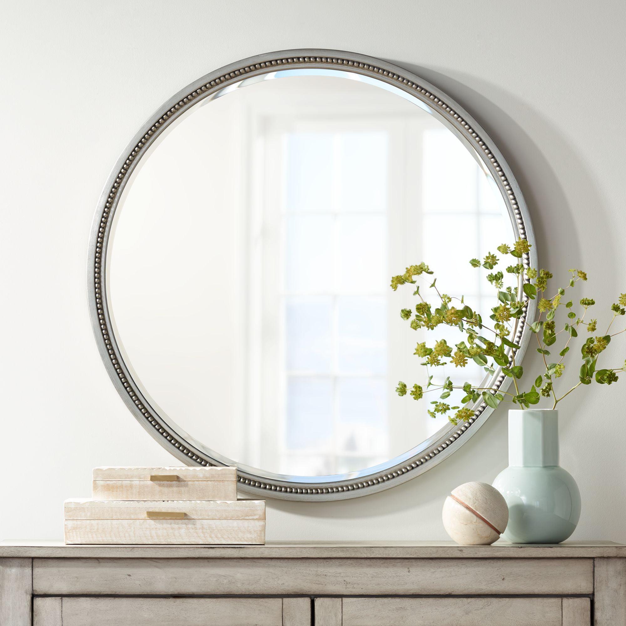 Elegant Silver Wood Framed 38" Round Beveled Wall Mirror
