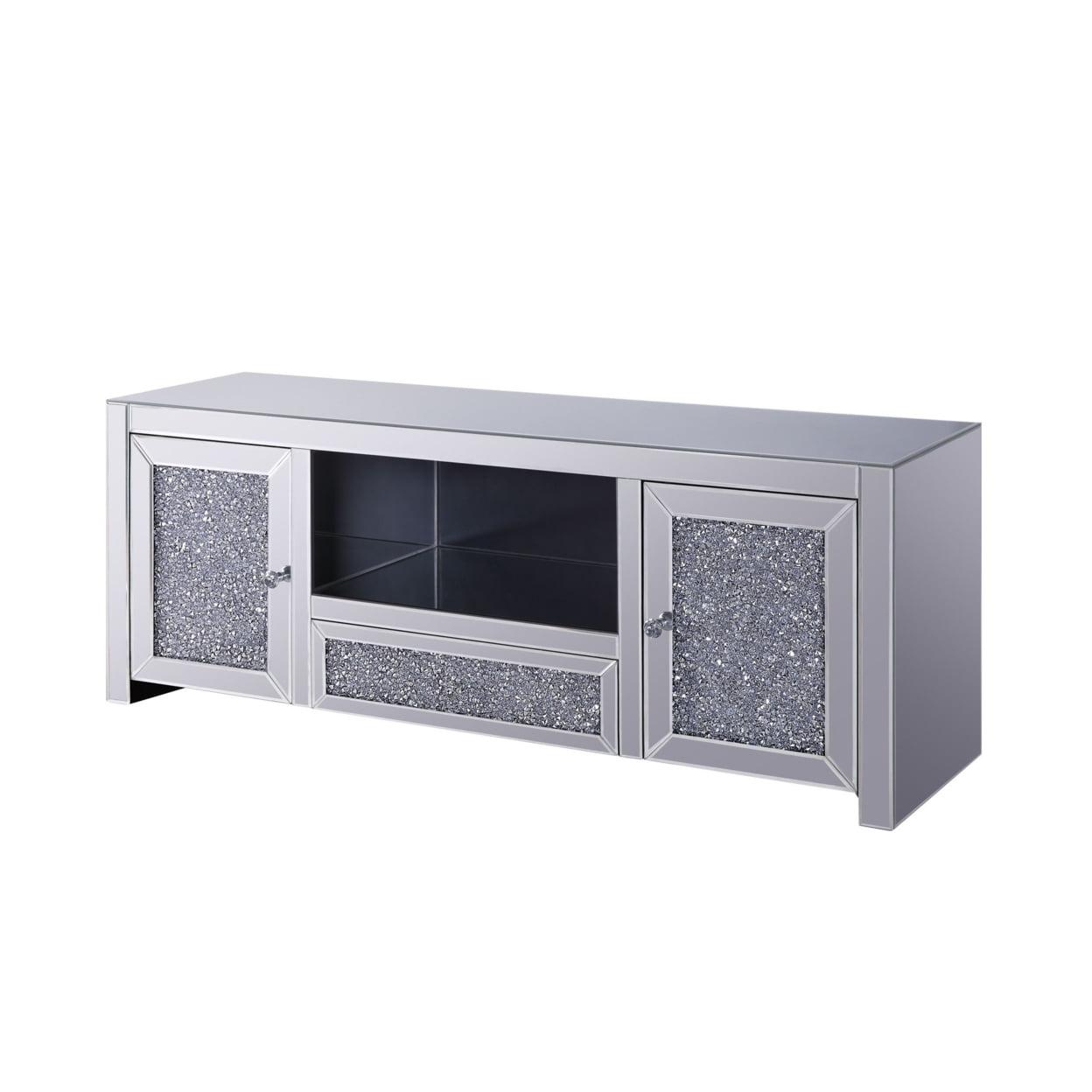 Noe 59 Inch Wood TV Entertainment Media Console Faux Diamond Inlay Silver - Saltoro Sherpi