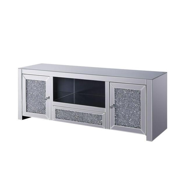 Noe 59 Inch Wood TV Entertainment Media Console Faux Diamond Inlay Silver - Saltoro Sherpi