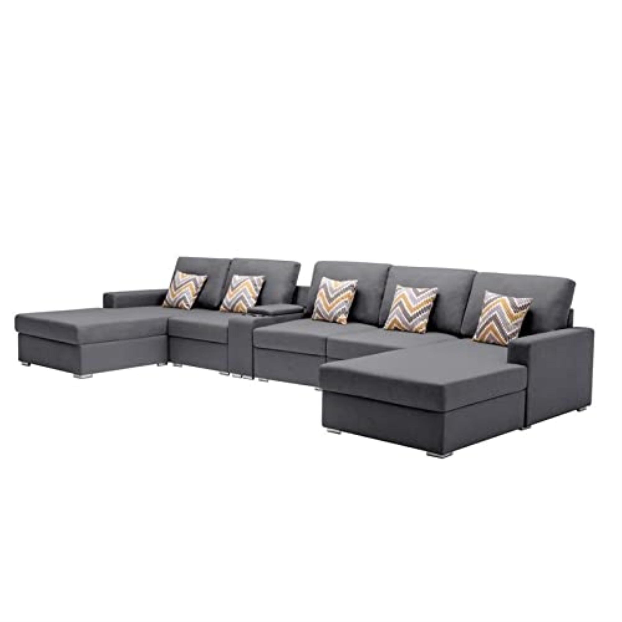 Nolan 6-Piece Gray Linen Sectional with Storage Console & Cup Holders