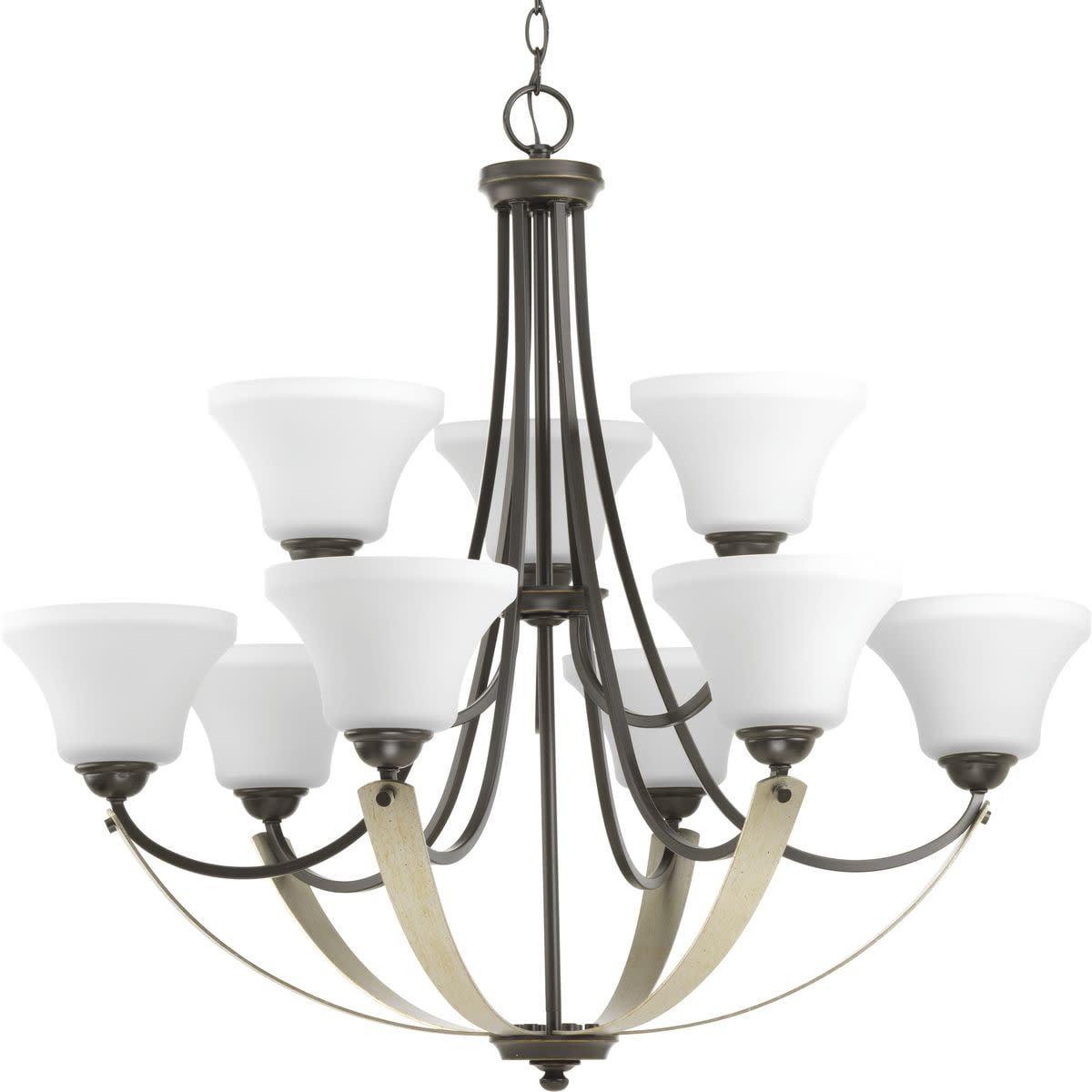 Noma Collection Nine-Light Antique Bronze Etched White Glass Luxe Chandelier Light