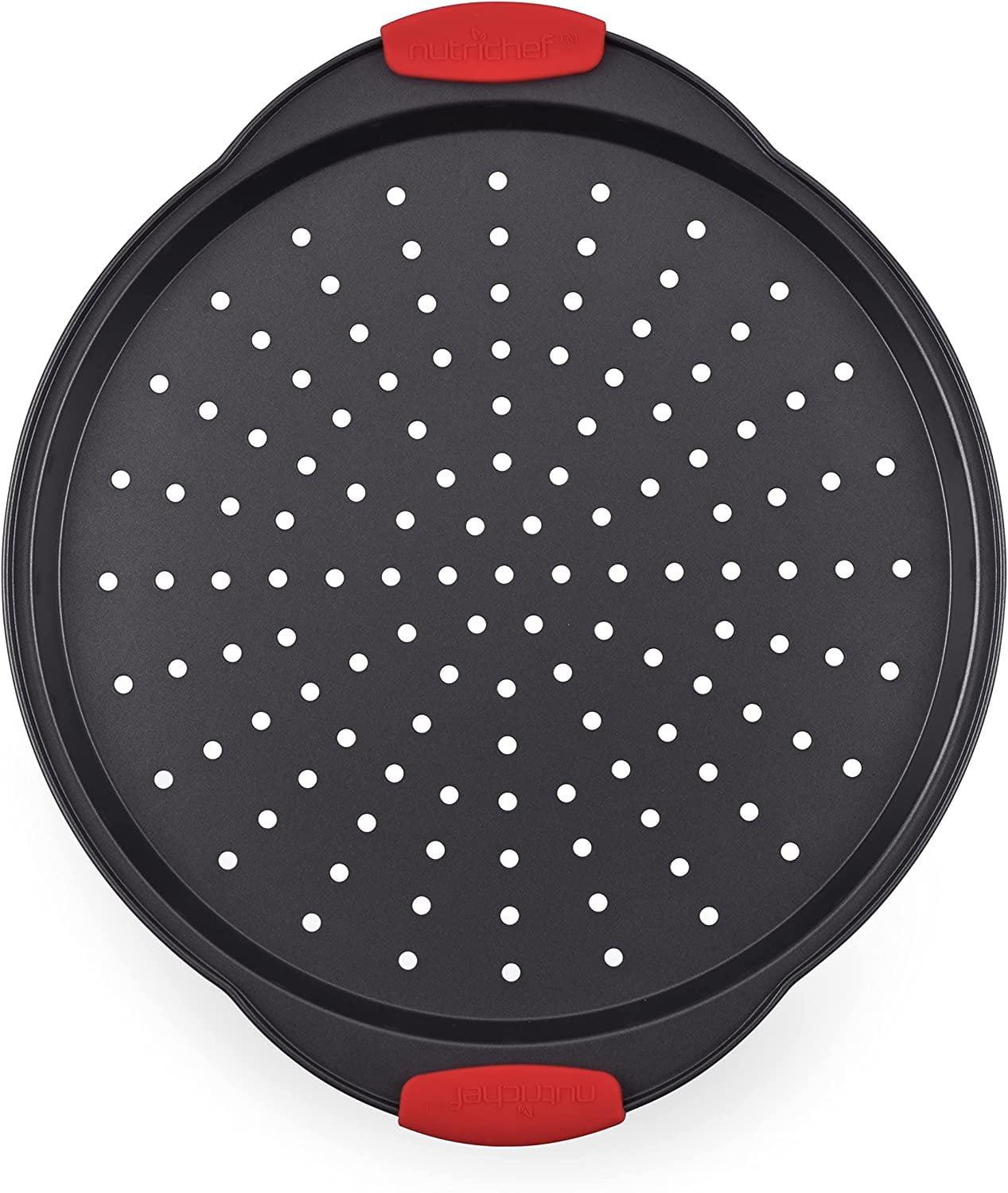 Round Black Non-Stick Pizza Tray with Red Silicone Handles