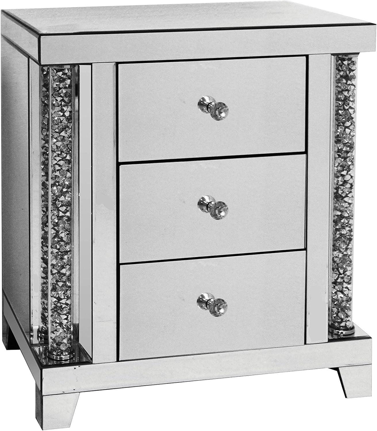 Noe Luxe 26" Mirrored Silver 3-Drawer Accent Nightstand with Faux Diamond Inlay
