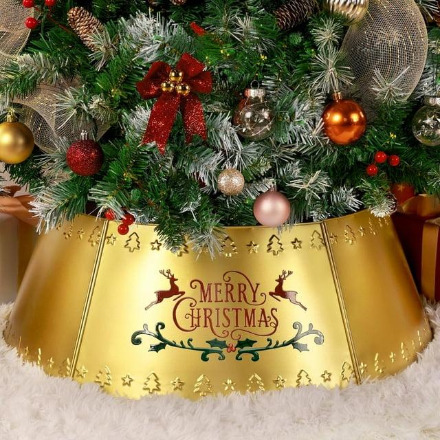 Nordic Hygge 28’’ Christmas Tree Collar, Gold Tree Skirt for Christmas Tree Decor, Christmas Tree Base Cover with Printed Patterns, Metal Tree Collar for Pencil Tree of Living Room