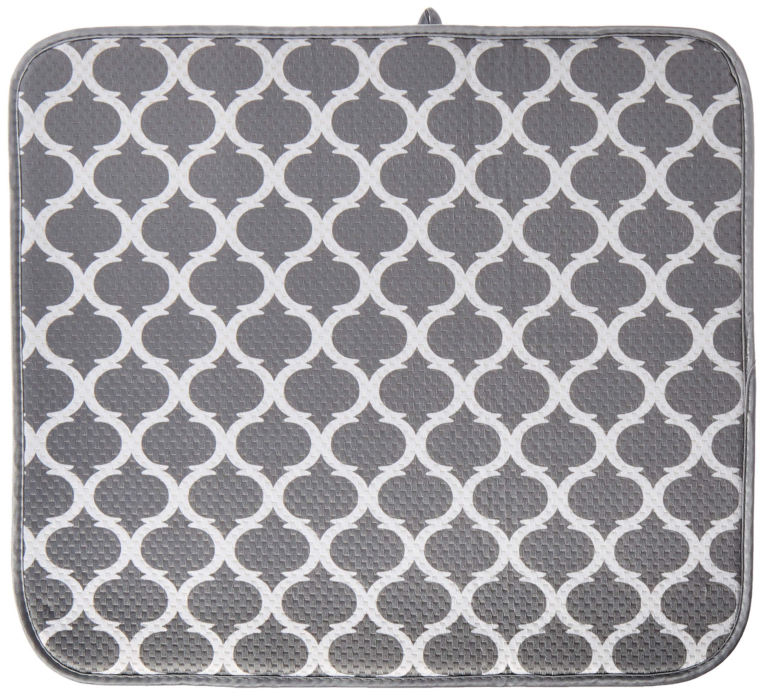 SRENTA 18" X 16" Microfiber Dish Drying Mat Super Absorbent Dish Drainer Kitchen Pad with Hanging Loop, Gray Trellis