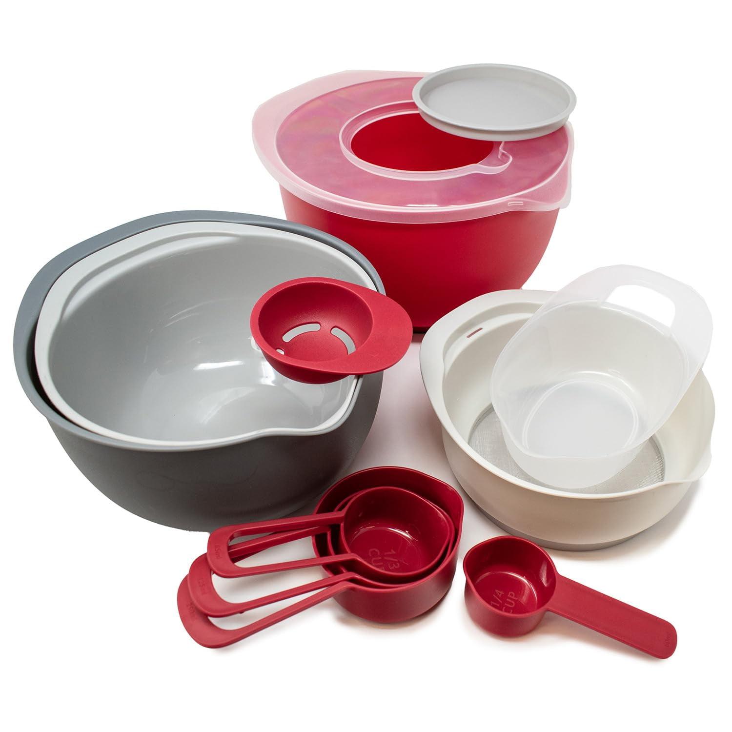 12-Piece Red and Gray Plastic Nested Mixing Bowls and Measuring Cups Set