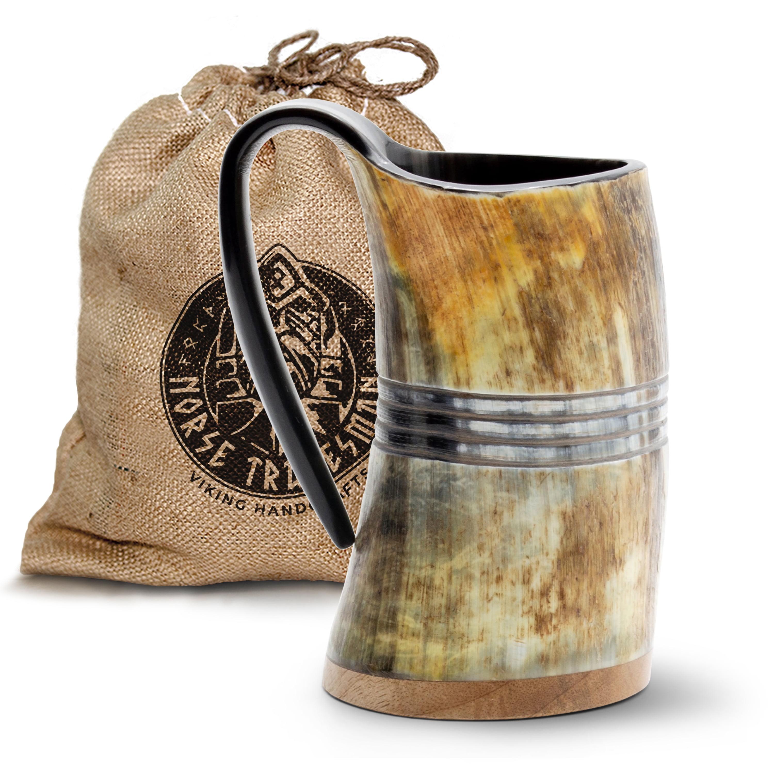 Norse Tradesman Genuine LG Viking Drinking Horn Mug - 100% Authentic Beer Horn Tankard With Hardwood Bottom & Ring Engravings | "The Eternal", Unpolished, approx. 16 oz