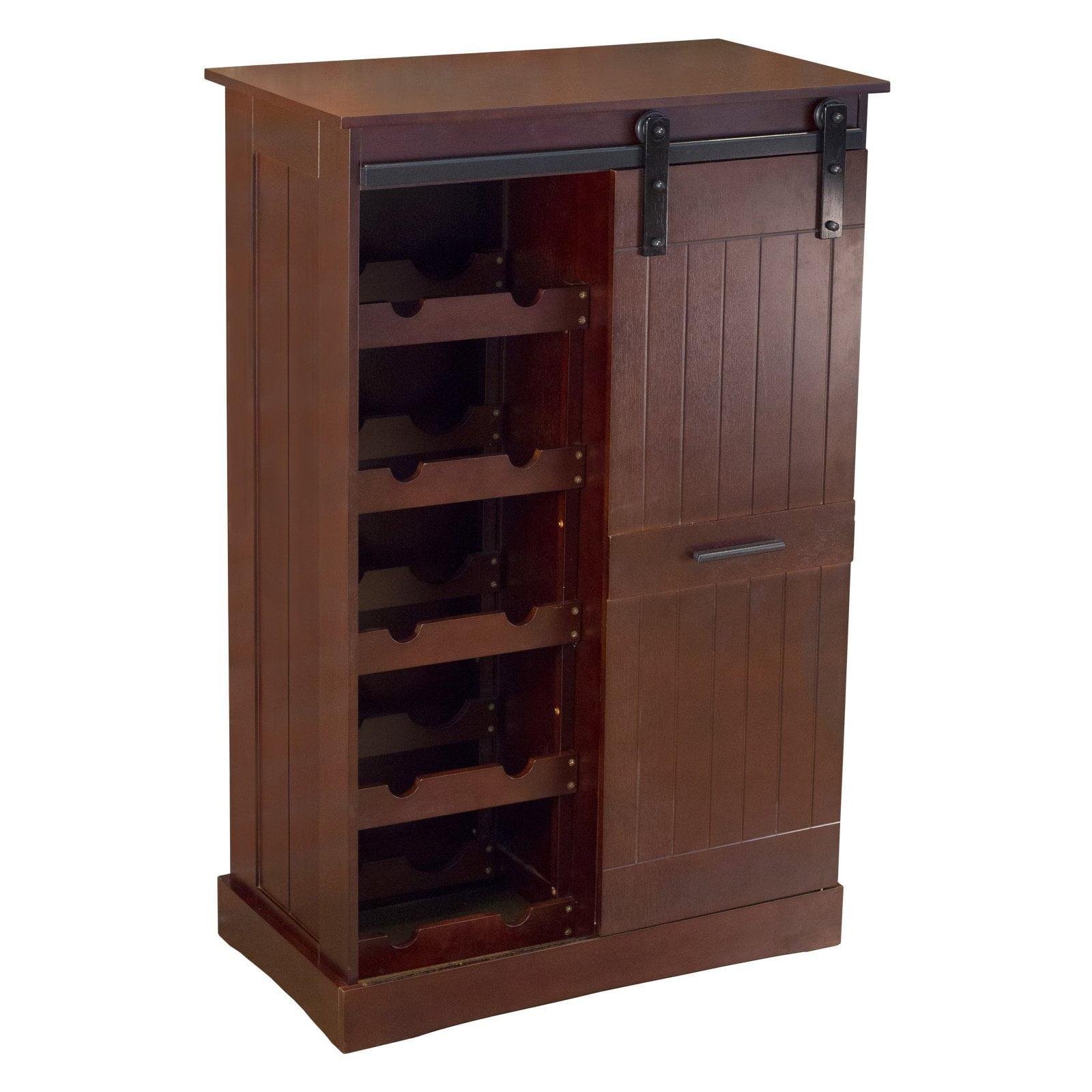 Rustic Dark Oak Mahogany Wood Wine Rack Cabinet with Sliding Doors