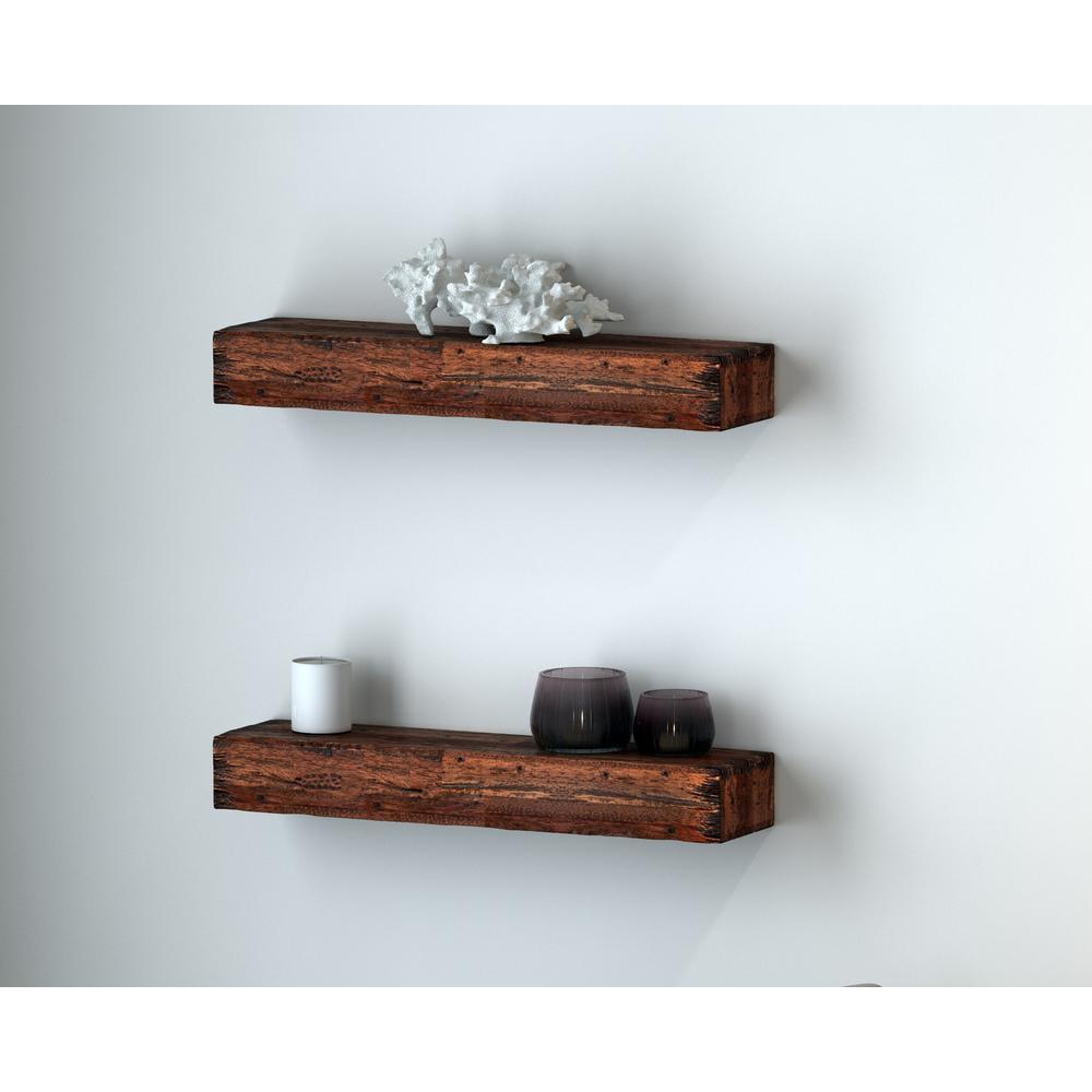 Rustic Dark Wood 48" Distressed Floating Mantel Shelves, Brown - 2 Piece