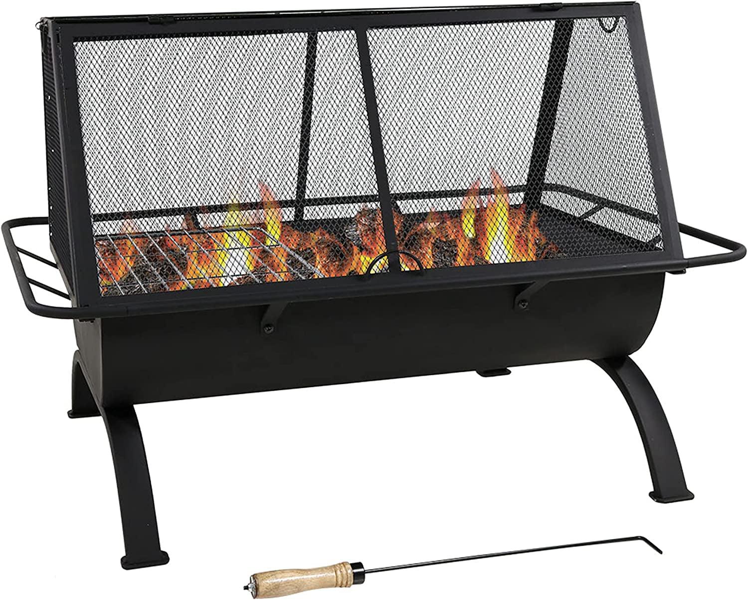 Sunnydaze Outdoor Camping or Backyard Rectangular Northland Fire Pit with Cooking Grill Grate, Spark Screen, Log Poker, and Fire Pit Cover - 36"