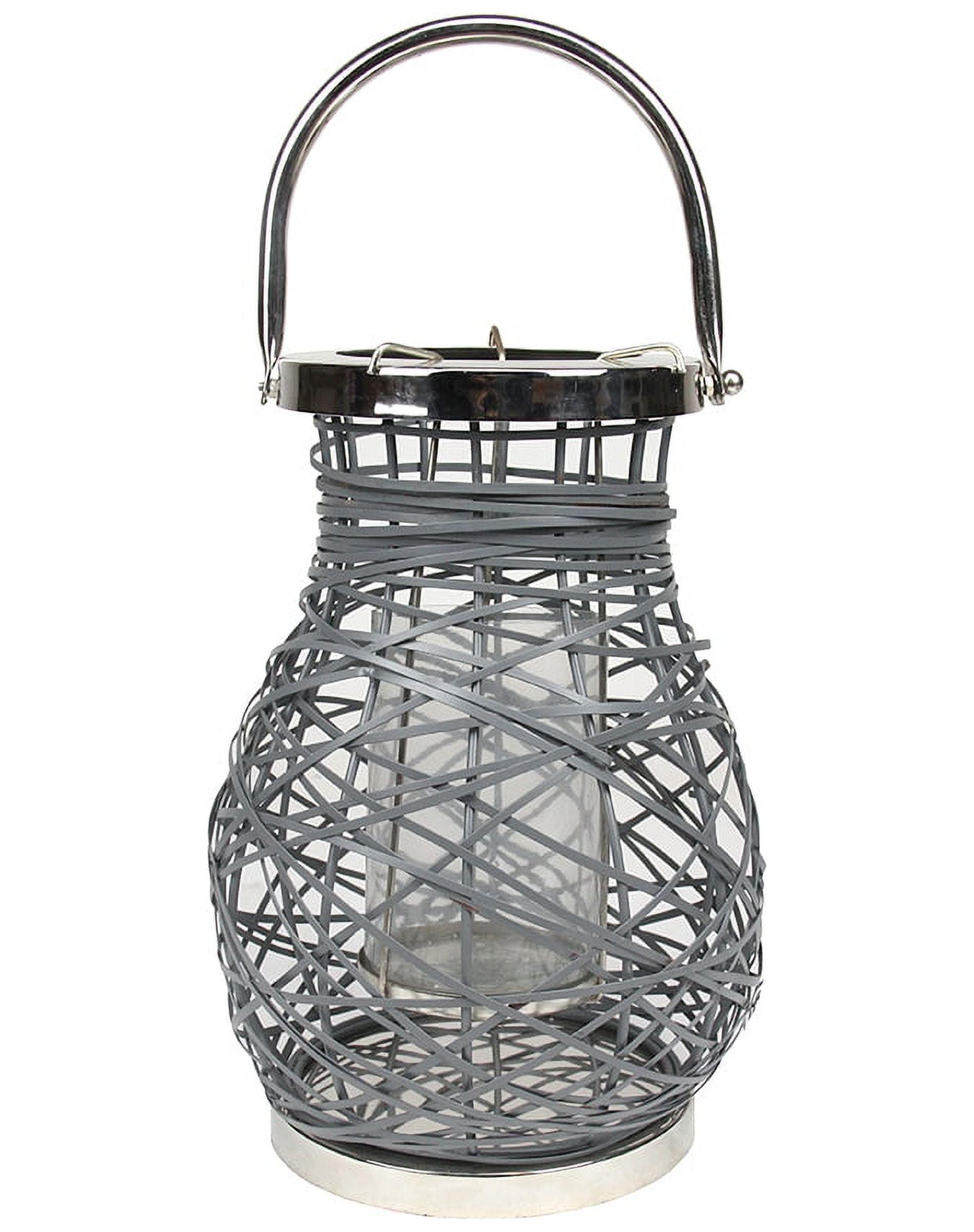 Northlight 13.5" Modern Gray Decorative Woven Iron Pillar Candle Lantern with Glass Hurricane