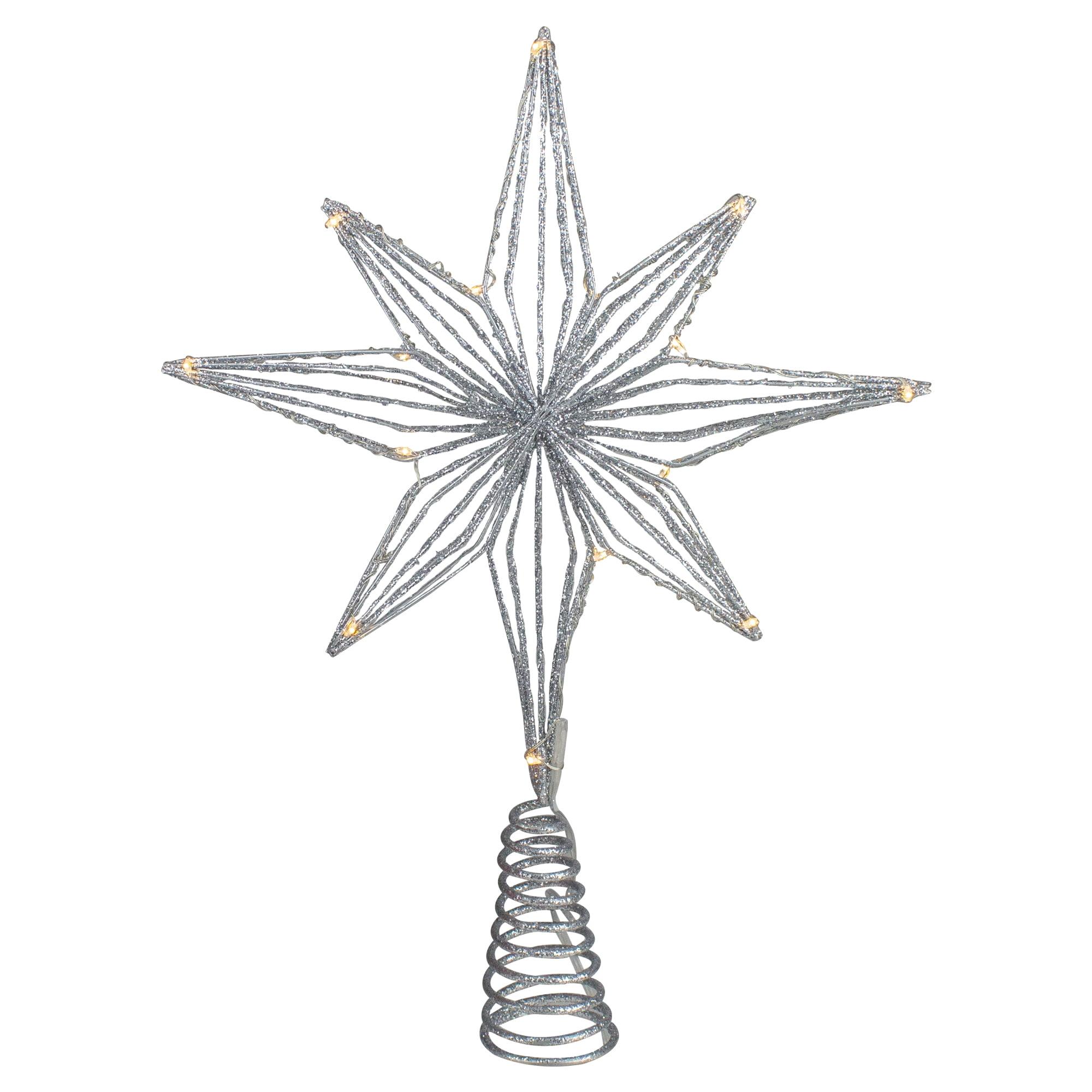 Northlight Seasonal 13.75" LED Lighted B/O Silver Glittered Geometric Star Christmas Tree Topper - Warm White Lights