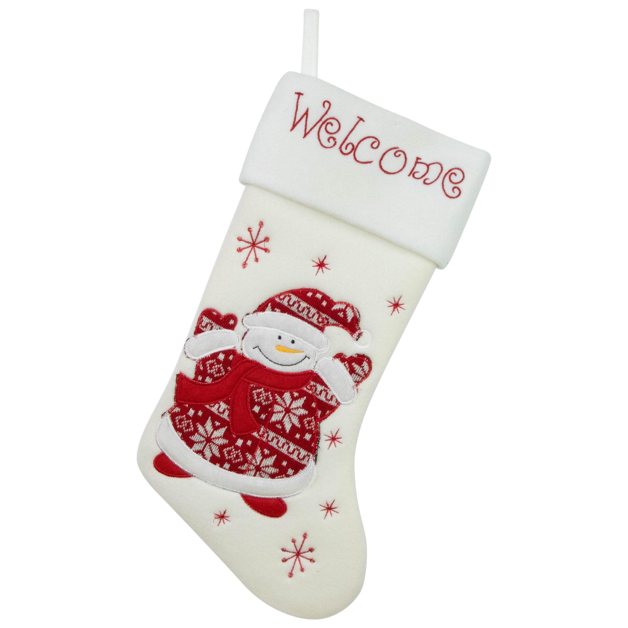 17" White and Red Embroidered Snowman Christmas Stocking