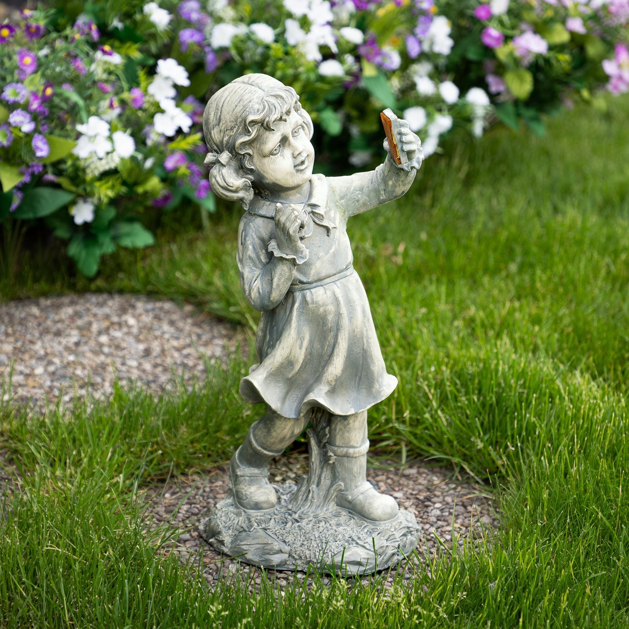 18" Distressed Gray Girl with Cell Phone Solar LED Garden Statue